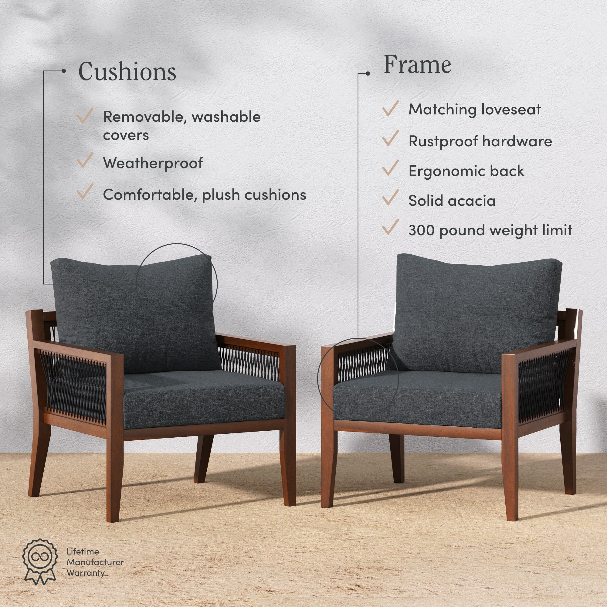 Two dark gray cushioned chairs with wooden frames are shown side by side. Text highlights features of the cushions (washable, weatherproof, plush) and frame (matching loveseat, rustproof, ergonomic, solid acacia, 300 lb limit).