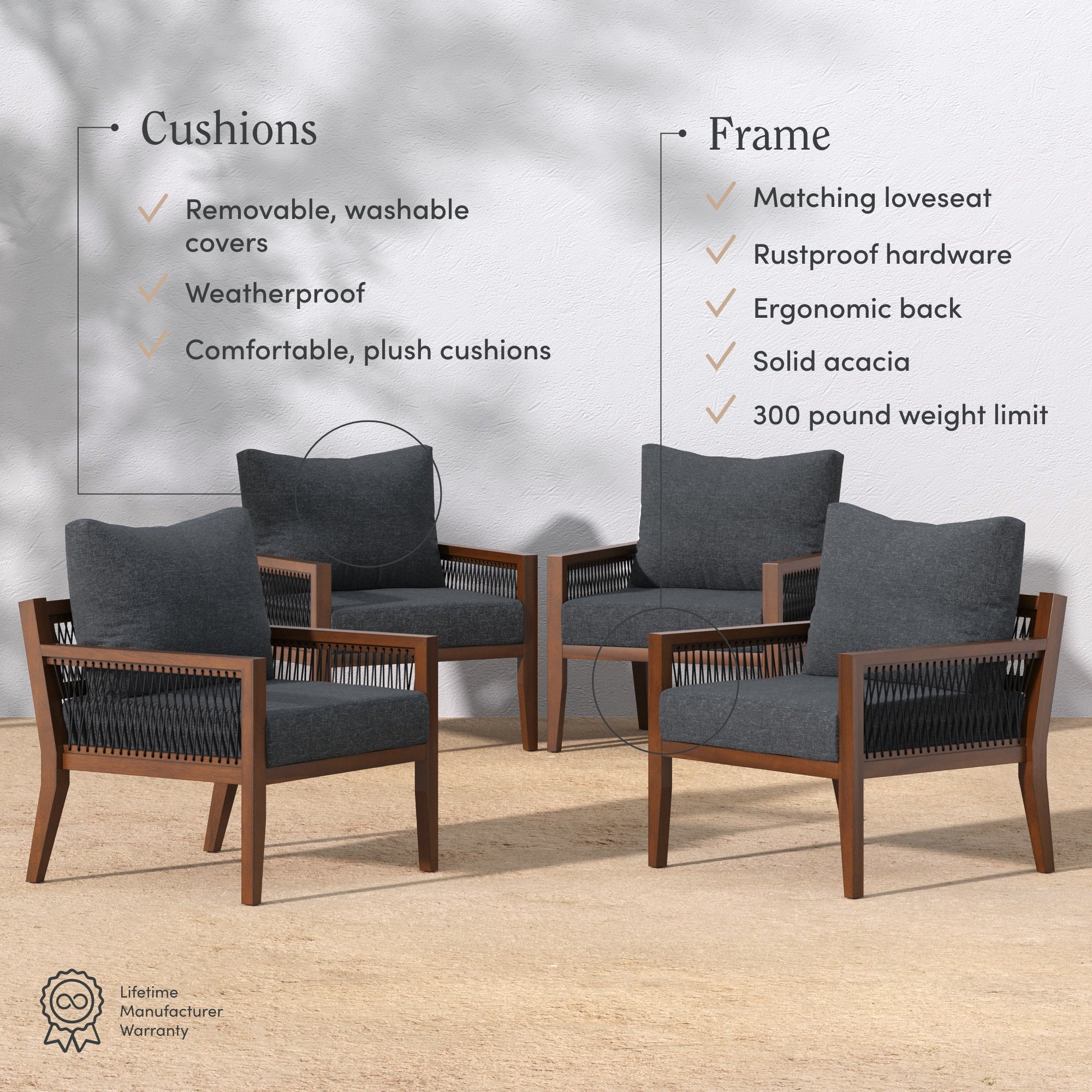 Four wooden lounge chairs with dark gray cushions are arranged outdoors. Text highlights features: removable, weatherproof, plush cushions, and a sturdy acacia wood frame with a 300-pound weight limit and ergonomic back.