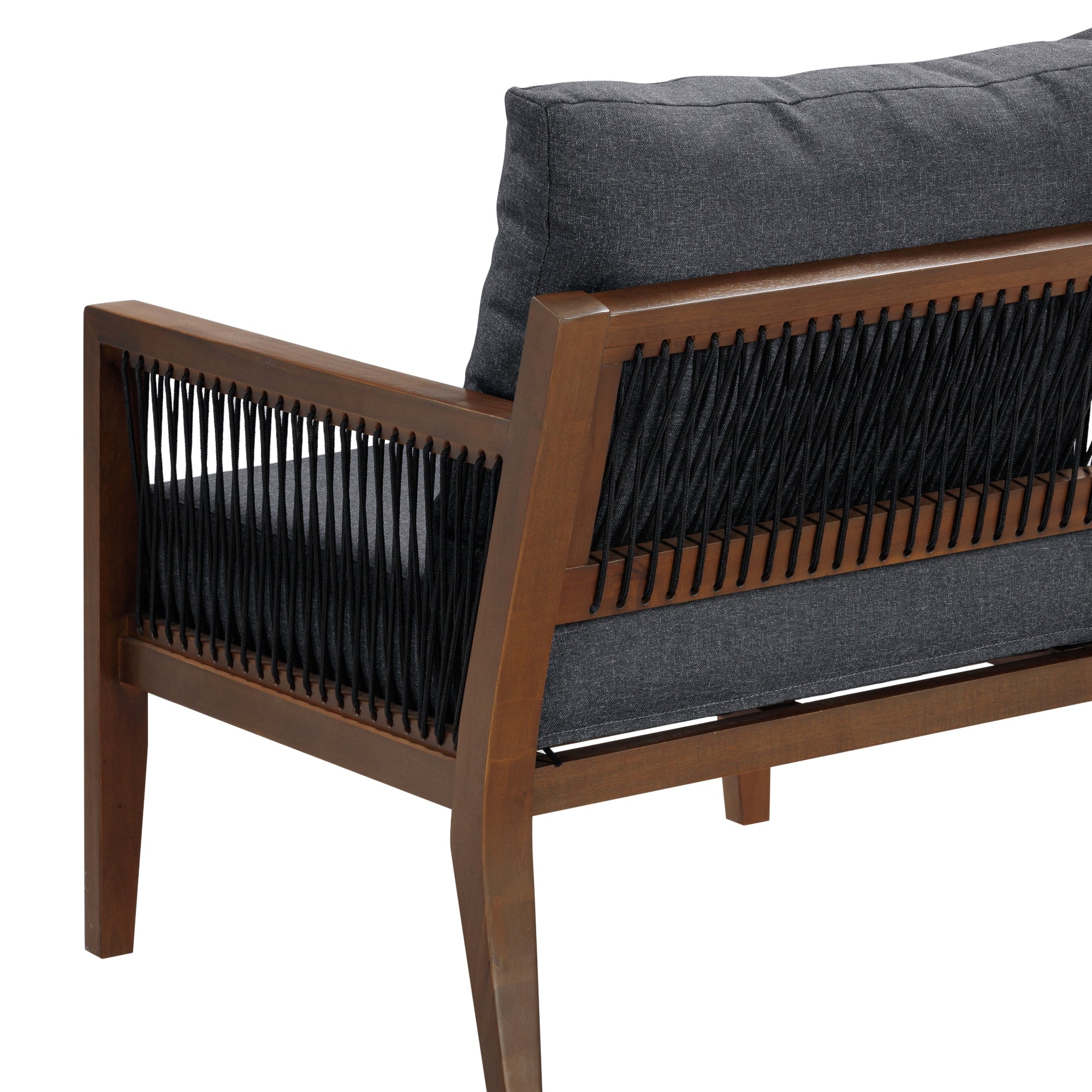 A close-up of the Nathan James Outdoor Patio Wood Arm Chair shows its weatherproof dark acacia wood, black rope accents, and gray washable cushions, featuring a stylish design with clean lines and textured details.