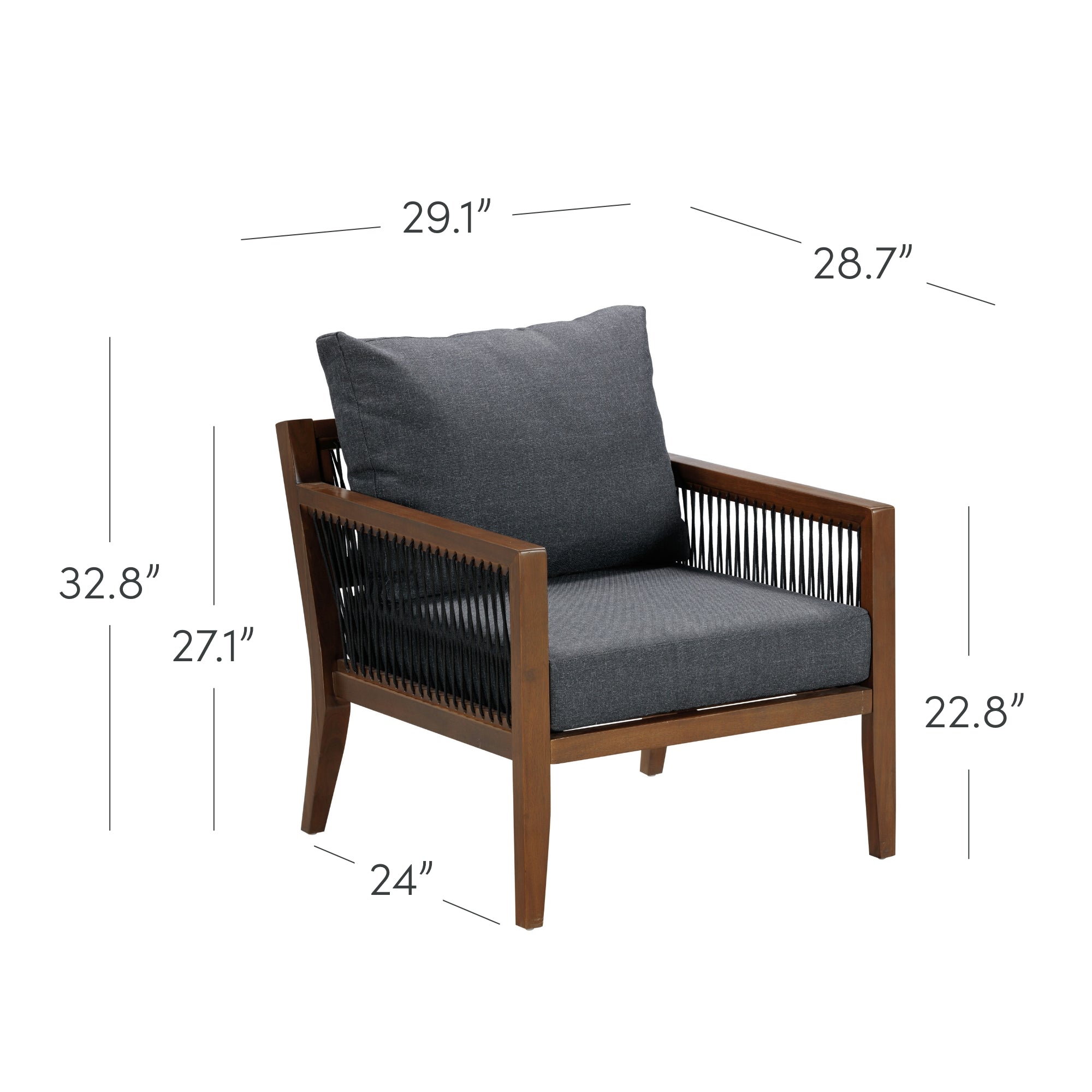 A wooden armchair with dark gray cushions and black rope sides. Dimensions are labeled: 32.8 tall, 29.1 wide, 28.7 deep, seat height 17.1, arm height 24, and seat base height 22.8.