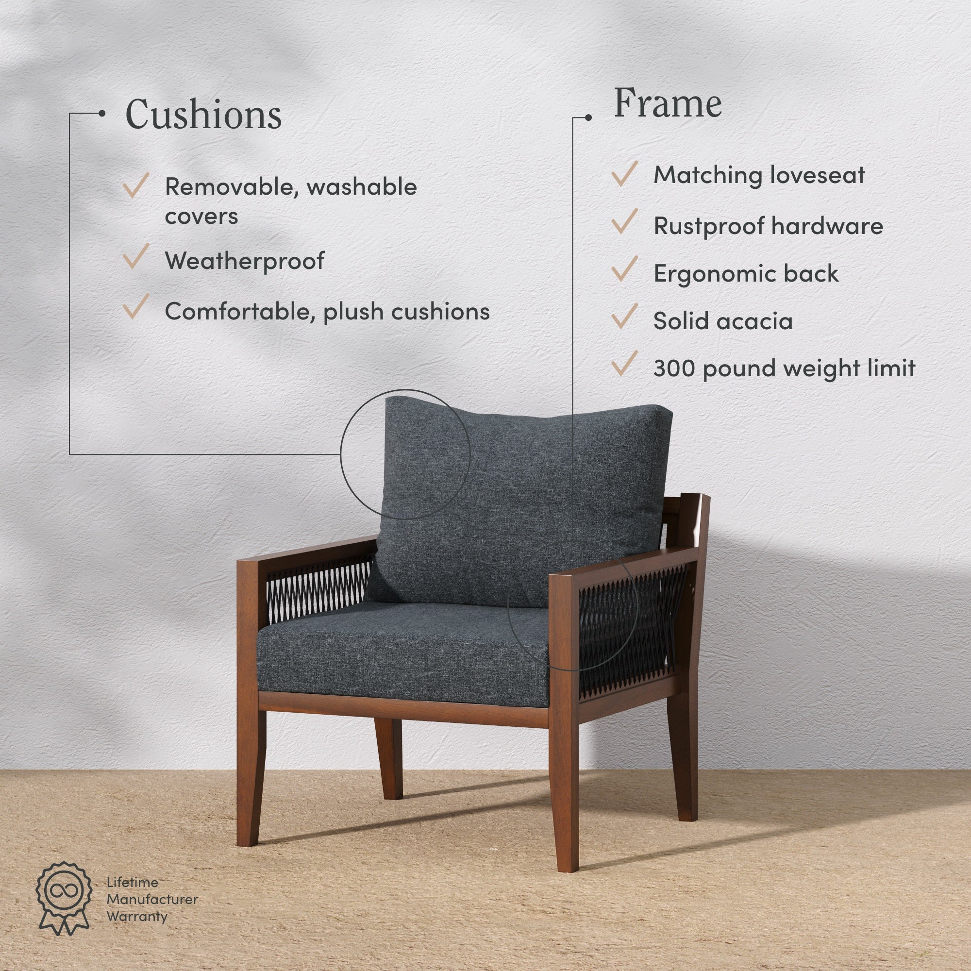 The Nathan James Outdoor Patio Wood Arm Chair Gray Dark Acacia features weatherproof acacia wood, washable gray cushions, and a sturdy frame—offering lasting style and comfort for your patio.