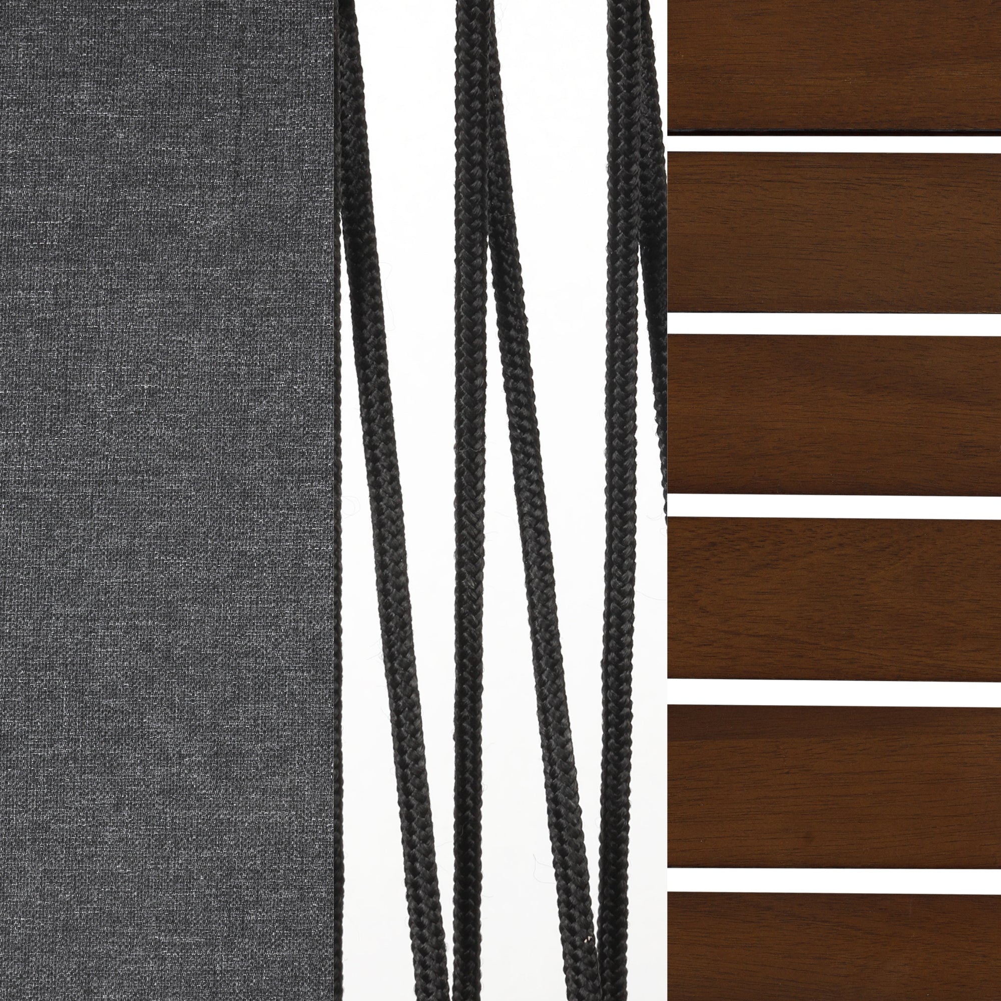 A close-up of Nathan James Outdoor Patio Wood Arm Chair Gray Dark Acacia shows dark gray fabric, three black braided ropes, and warm brown weatherproof acacia wood slats against a white background.