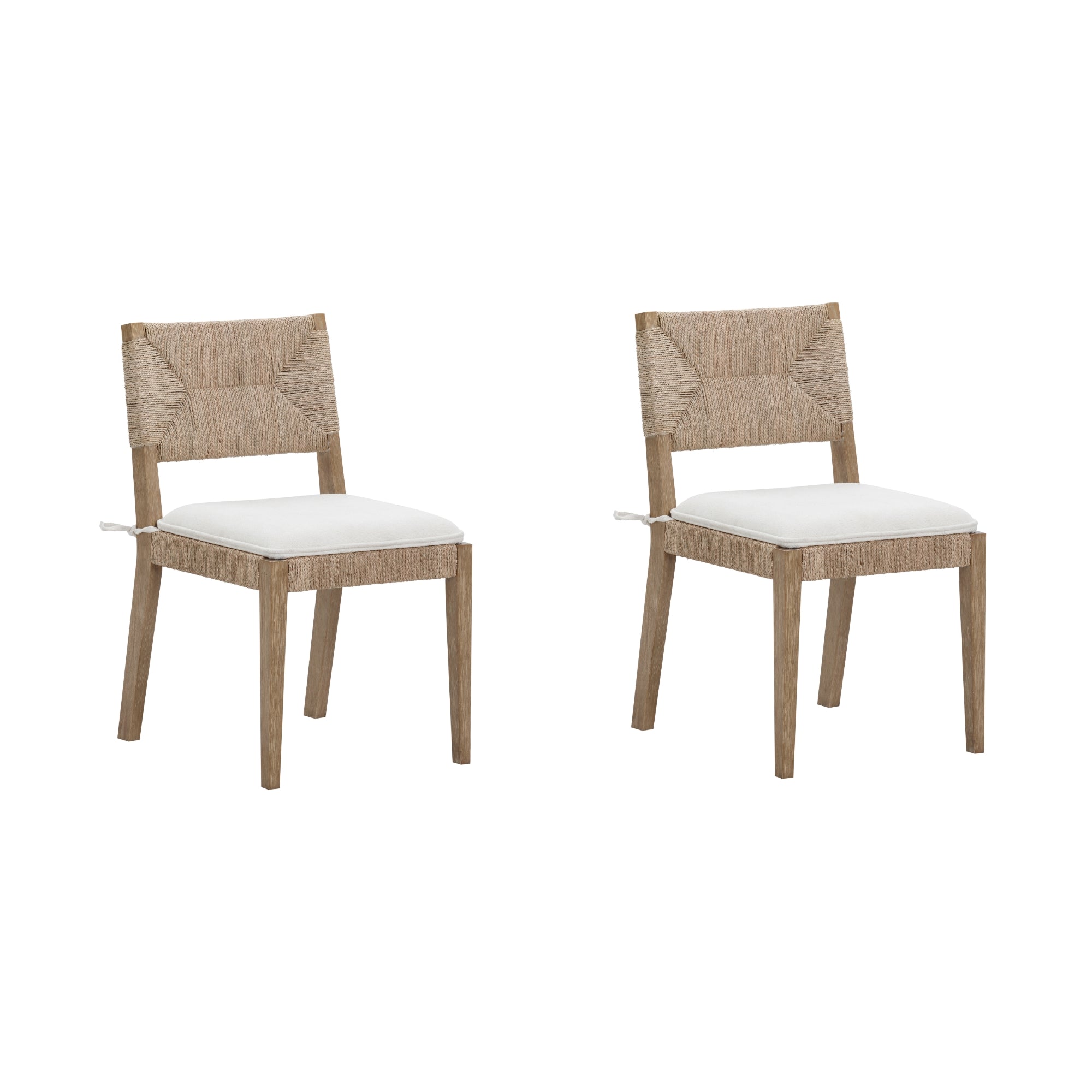 Two wooden chairs with woven backs, light brown frames, and white cushioned seats are shown against a plain white background.