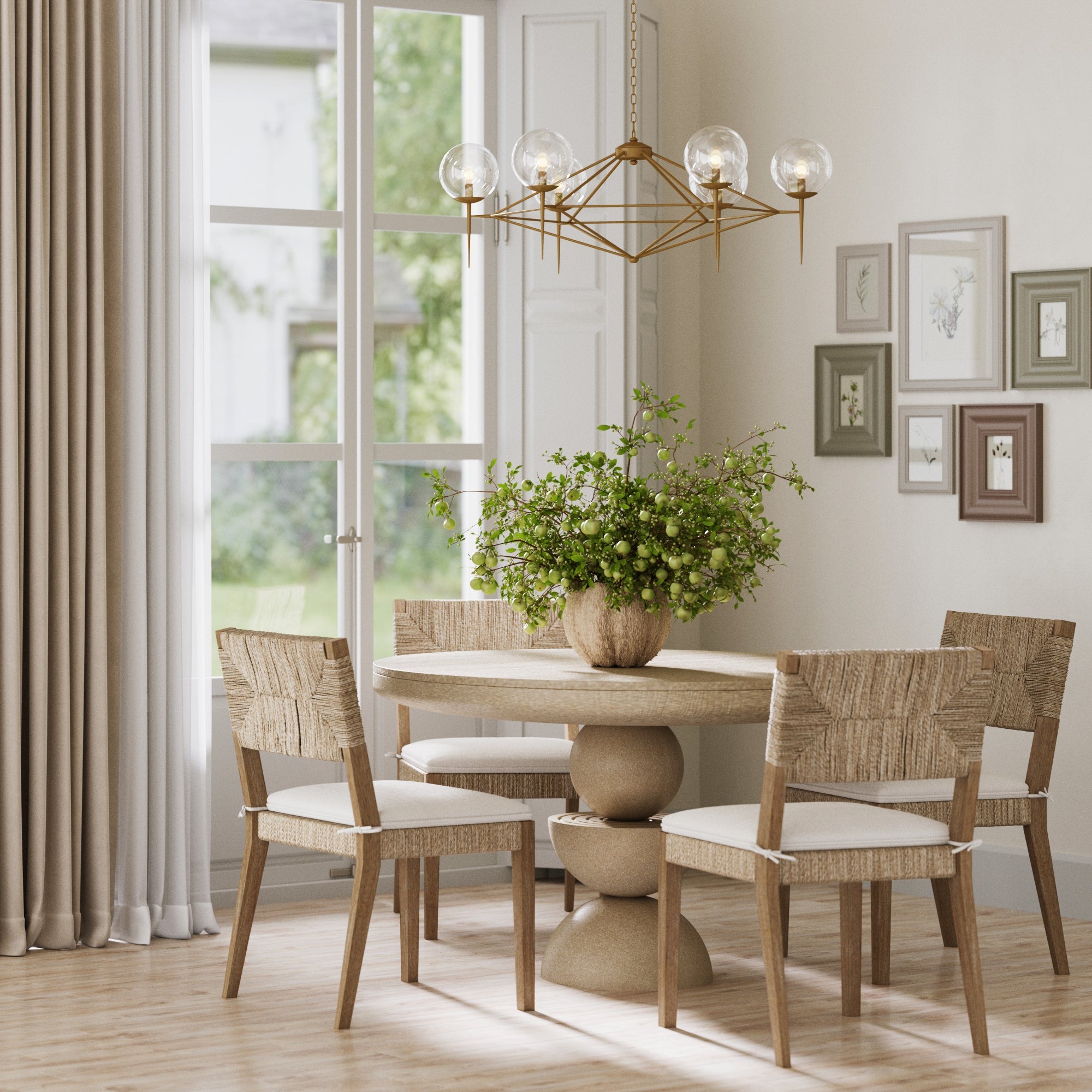 A modern dining room featuring a round stone table, four Nathan James Boucle & Seagrass Dining Chairs in light brown, a large green plant centerpiece, geometric chandelier, neutral curtains, framed wall art, and a garden-view window.