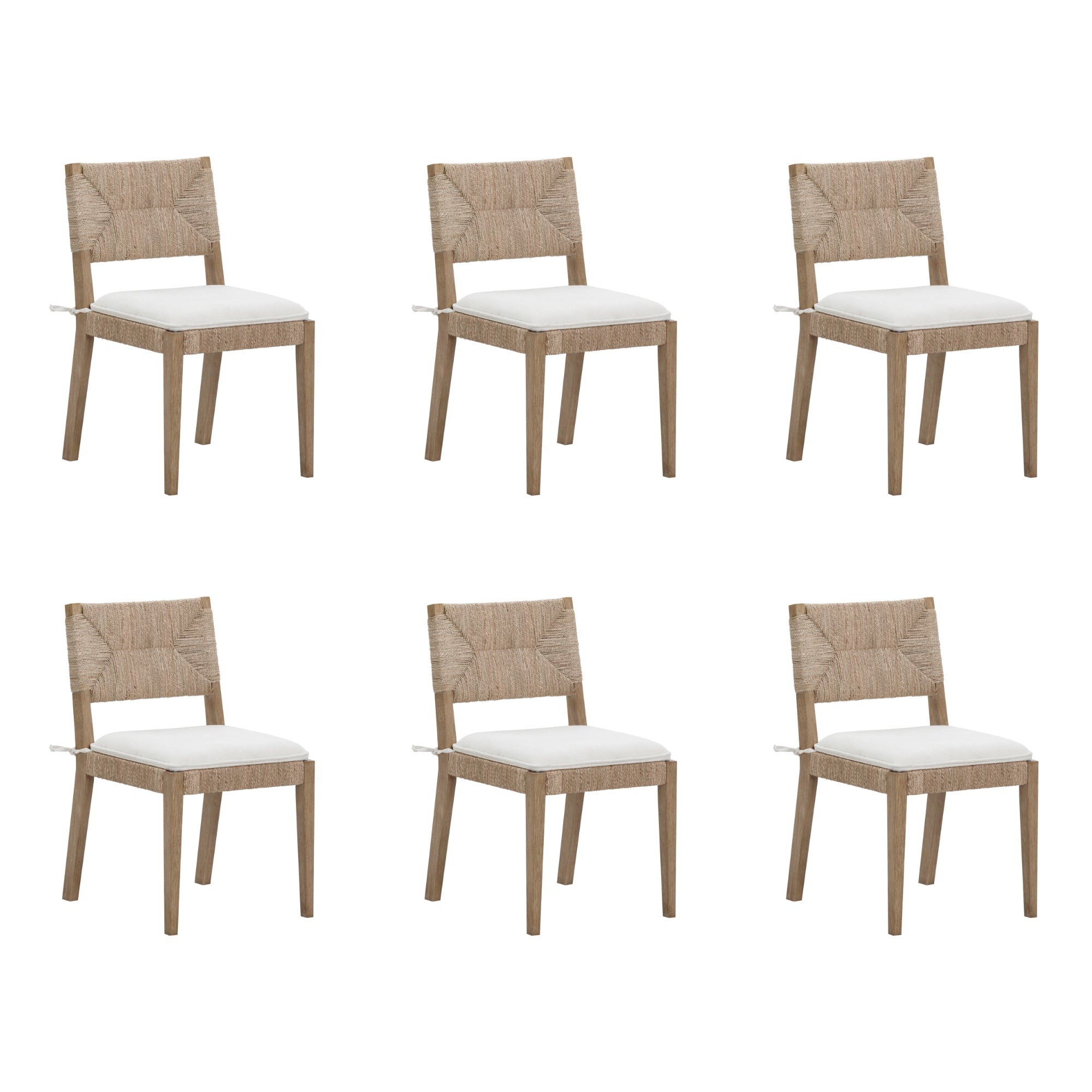 Six identical wooden dining chairs with light-colored woven backs and white cushioned seats are arranged in two rows of three against a plain white background.