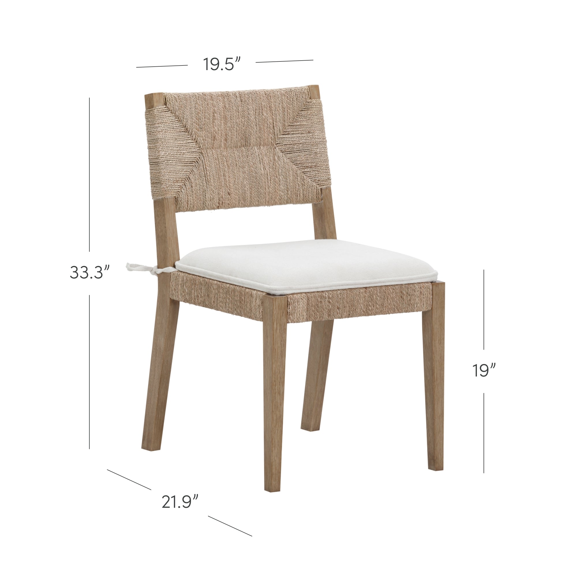 Wooden chair with a woven backrest, white seat cushion, and four straight legs. Dimensions: 33.3 tall, 19.5 wide, 21.9 deep, and 19 seat height. The overall appearance is modern and minimalist.