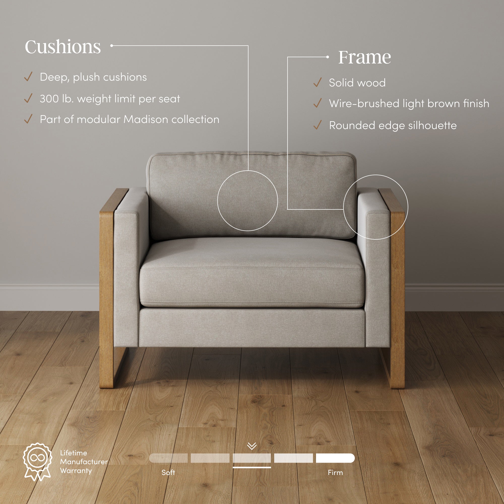 A modern armchair with light gray cushions and a solid wood frame sits on a wooden floor. Text highlights features: deep cushions, a 300 lb. weight limit, modular design, solid wood with a light brown finish, and rounded edges.