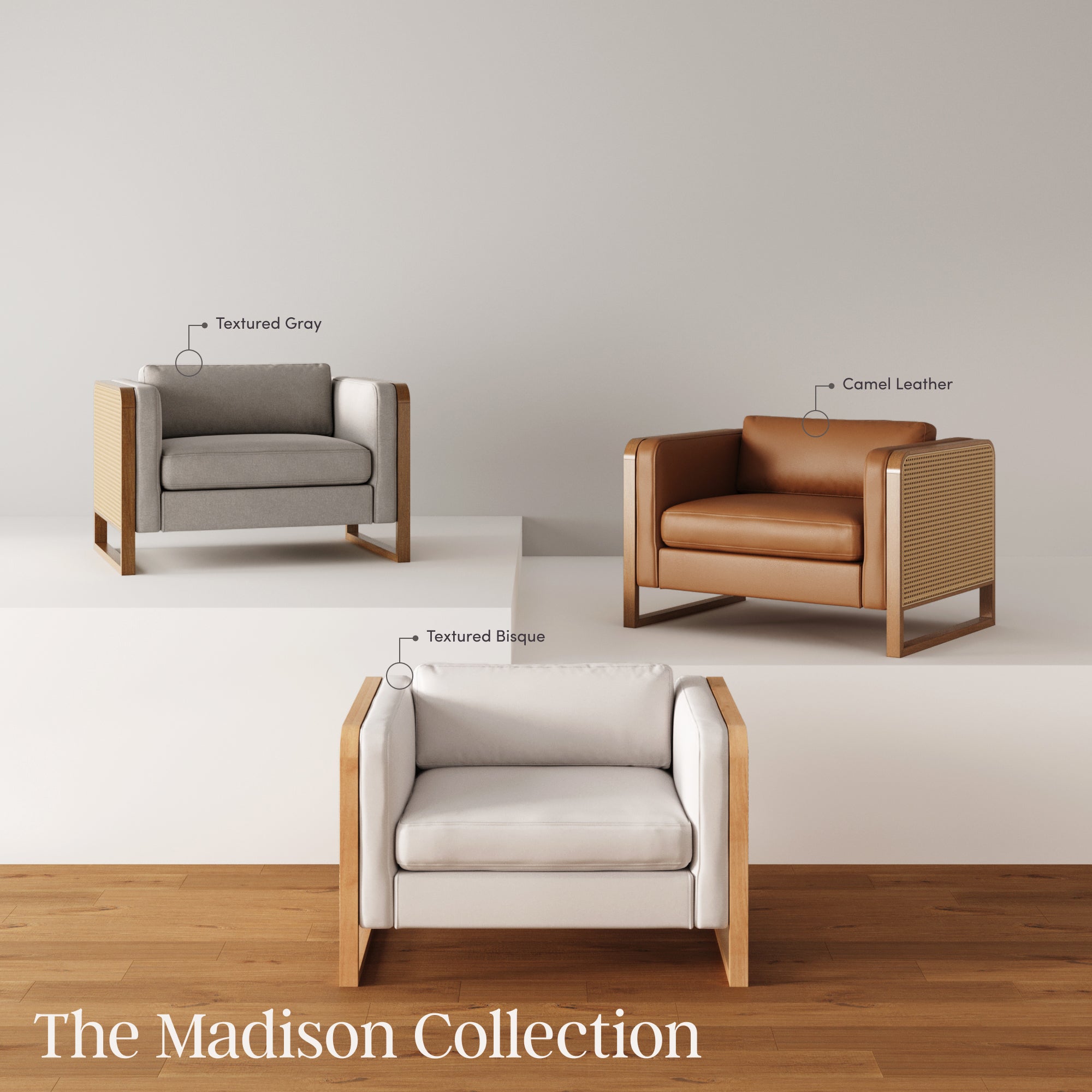 Three modern armchairs from The Madison Collection in a minimalist room, featuring different upholstery: textured gray, camel leather, and textured bisque, each with light wooden frames.