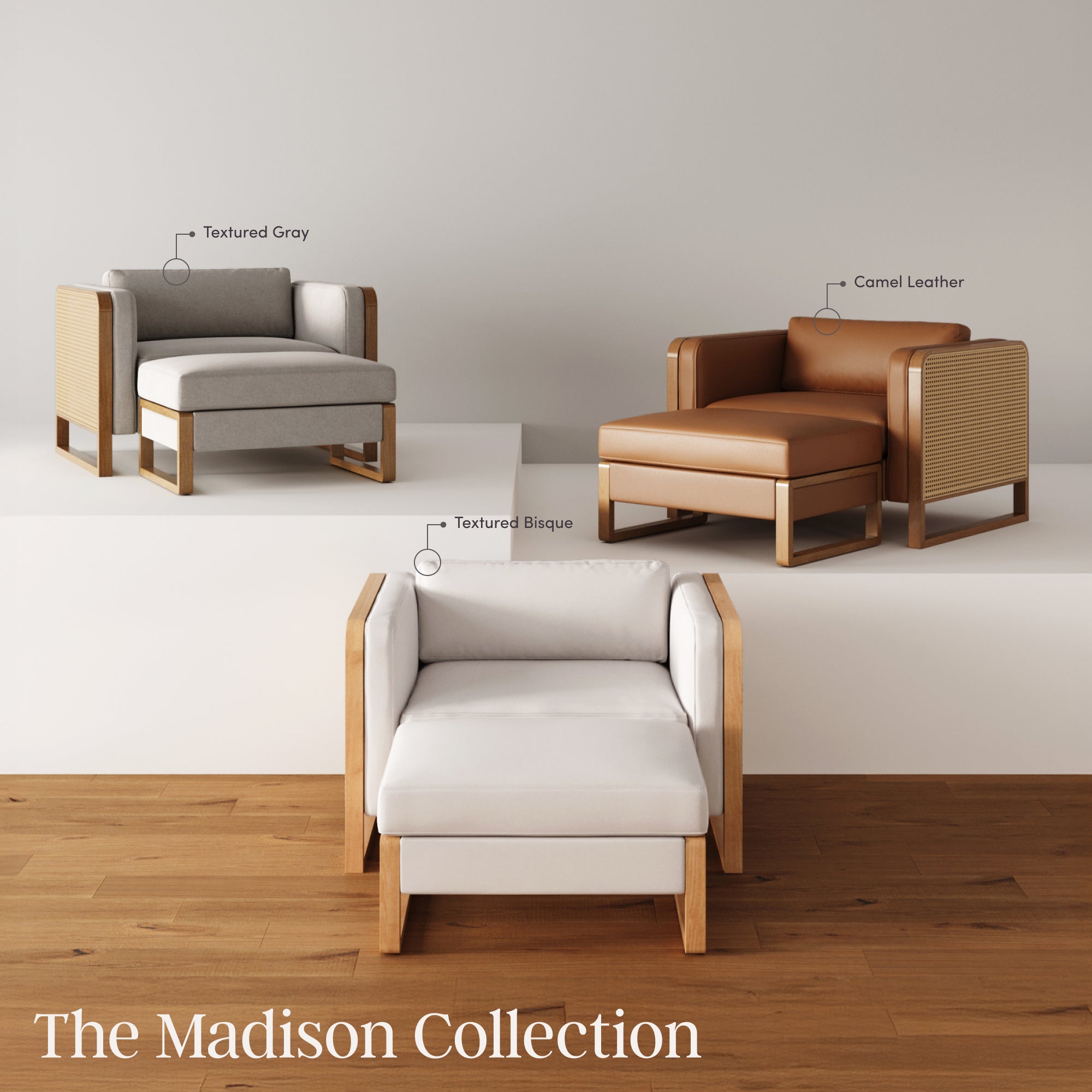Three modern armchairs with wooden frames are displayed on white platforms. The chairs feature different upholstery: gray (Textured Gray), tan leather (Camel Leather), and off-white (Textured Bisque). Text reads The Madison Collection.