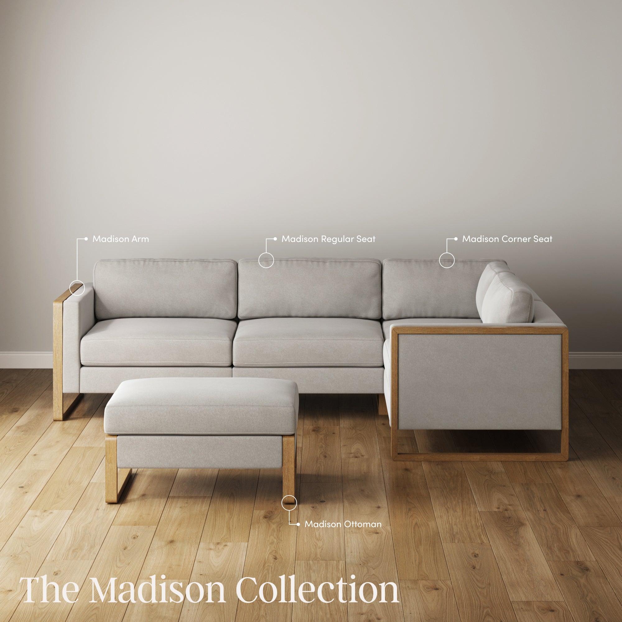 A modern sectional sofa with light gray cushions and wooden frame, featuring labeled sections: Madison Arm, Madison Regular Seat, Madison Corner Seat, and a matching Madison Ottoman, in a minimalist room with wood flooring.