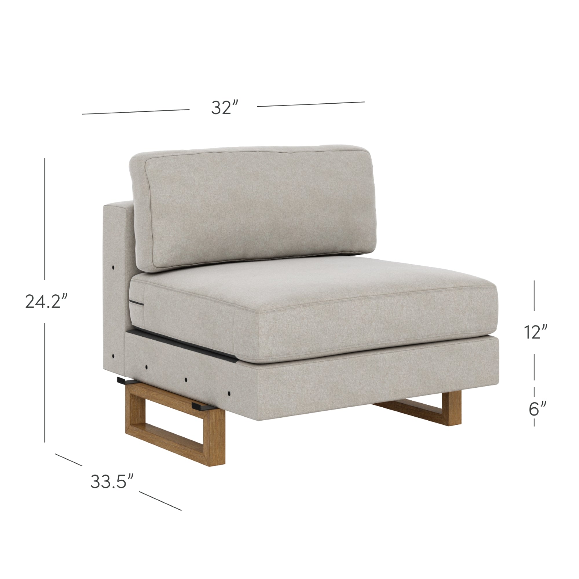 A modern armless beige chair with wooden legs, shown with dimensions: 32 wide, 33.5 deep, 24.2 high, seat height 12, and base height 6. The chair has a back cushion and minimalist design.
