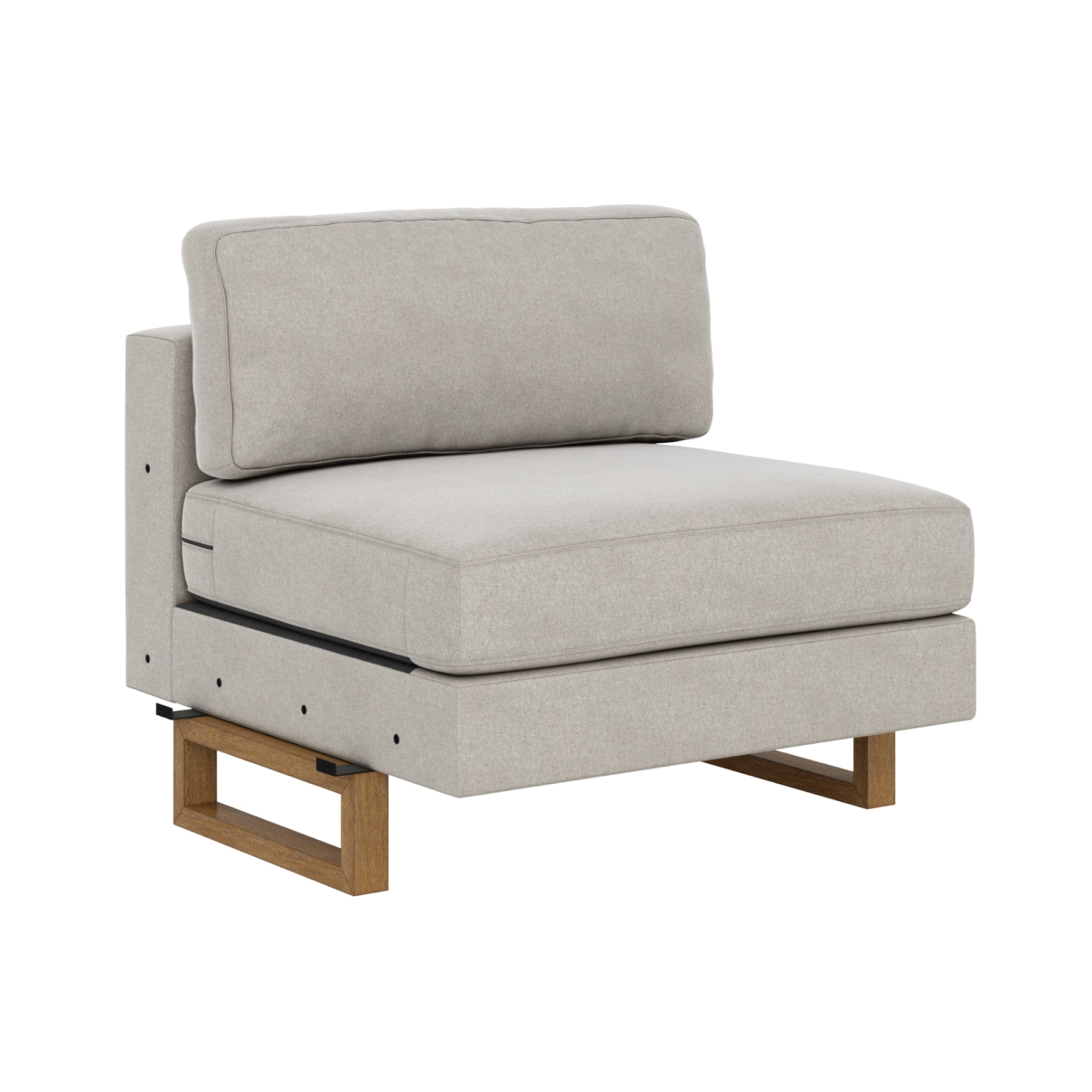 A modern armless accent chair with light beige upholstery, thick cushion seating and backrest, and wooden legs in a simple geometric design.