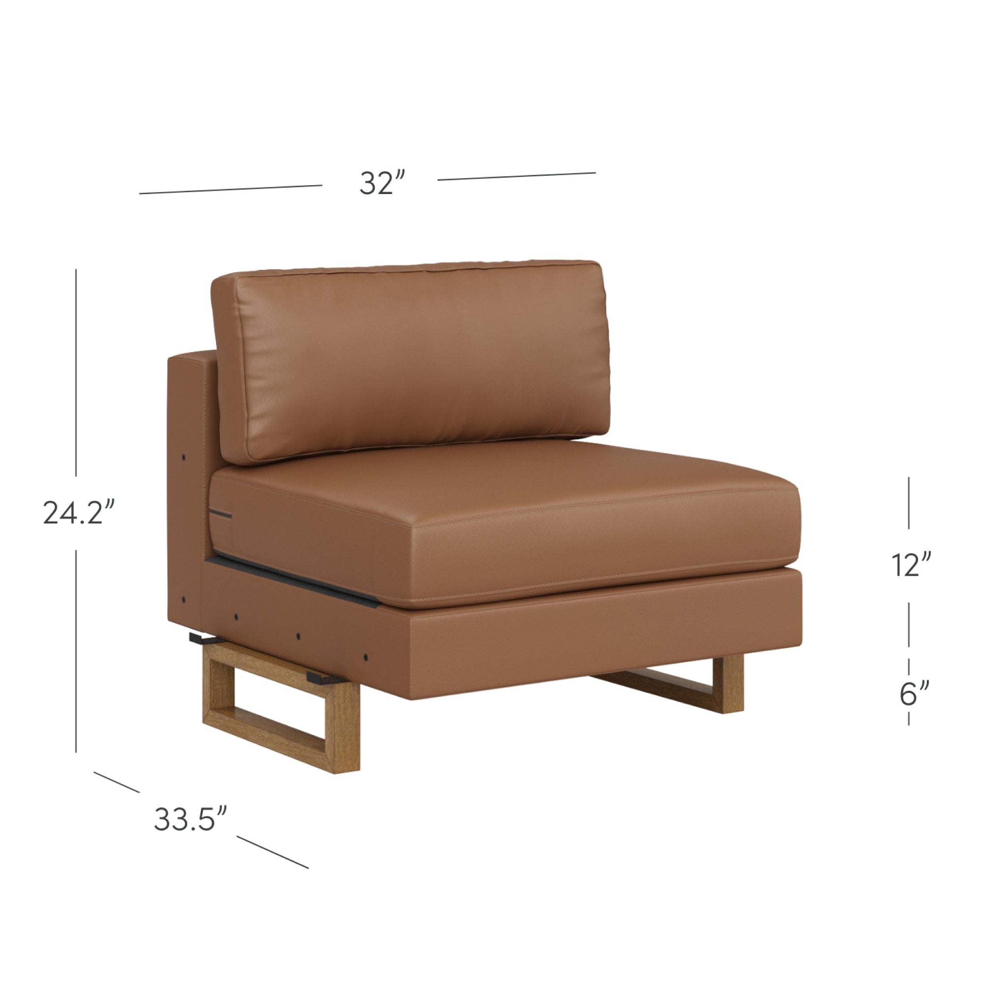 Armless brown upholstered chair with wooden base, seat height of 18 inches, back height of 24.2 inches, width of 32 inches, and depth of 33.5 inches. Dimensions are labeled on the image.