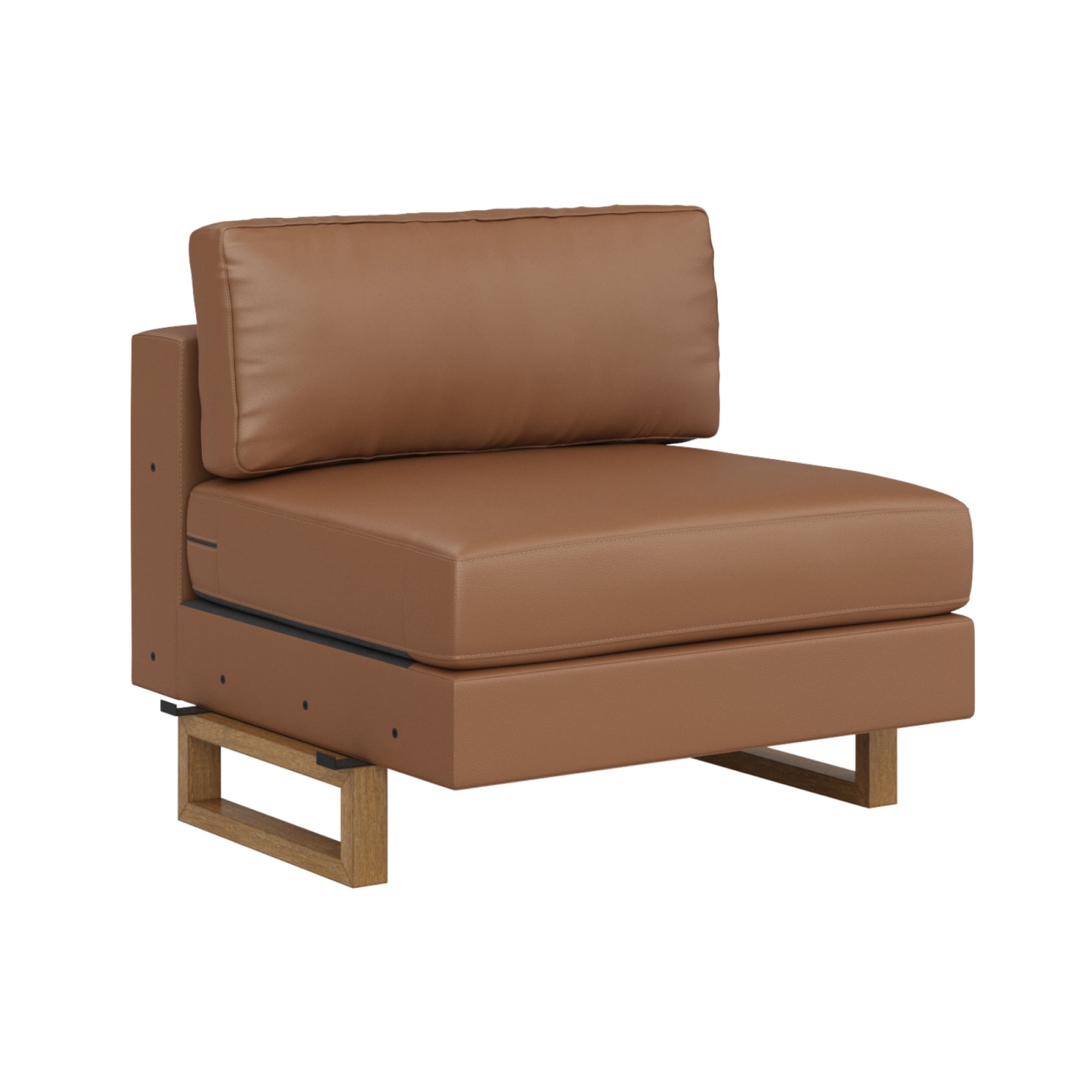 A modern armless chair with tan leather cushions and a minimalist wooden base, featuring clean lines and a contemporary design.