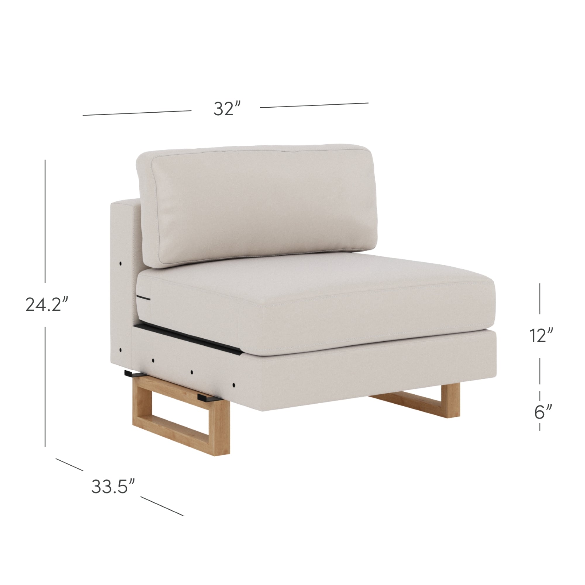 A modern armless beige chair with a back cushion, wooden legs, and dimensions labeled: 32” wide, 33.5” deep, 24.2” tall, seat height 12”, and leg height 6”.