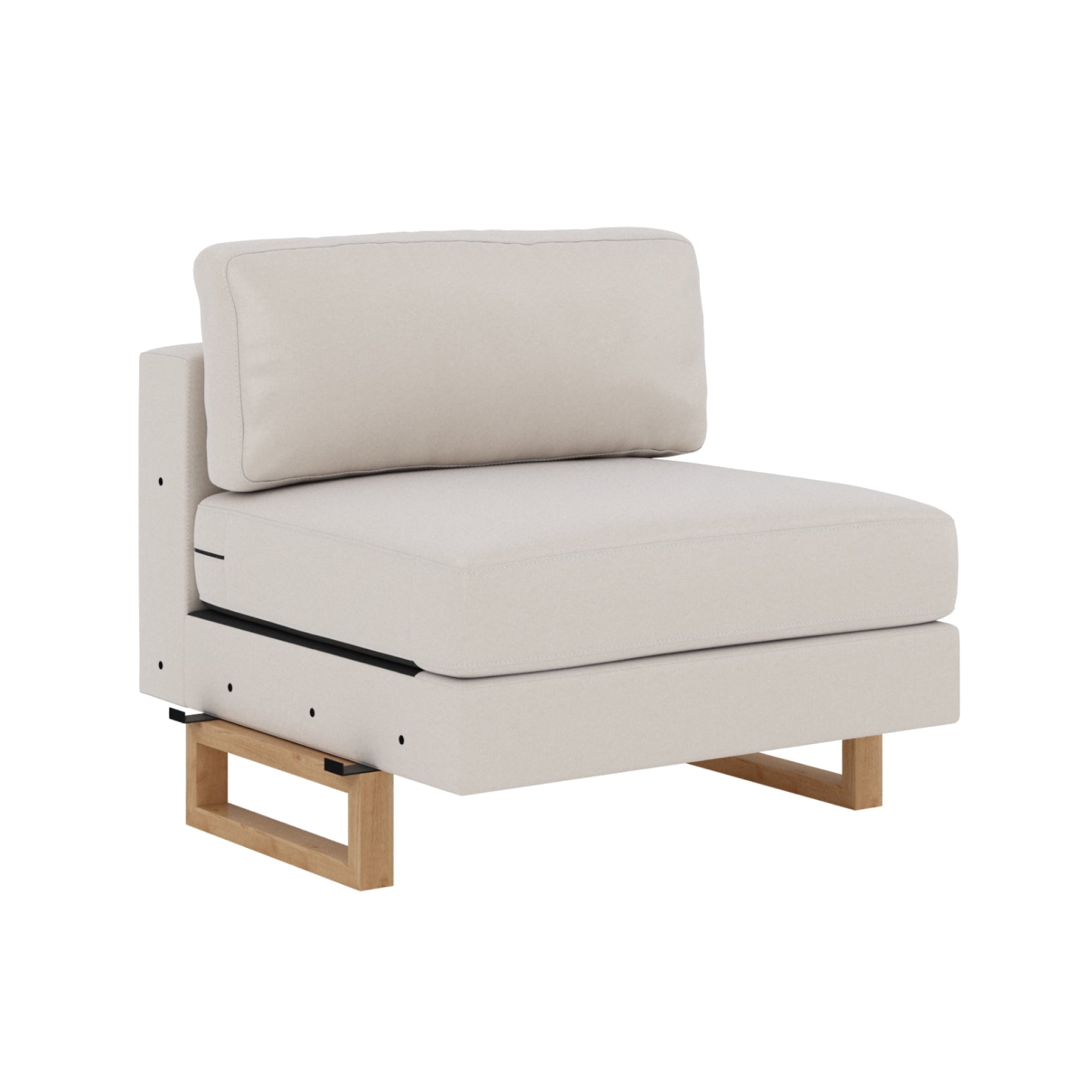 A modern armless accent chair with light beige upholstery, a thick cushioned seat and backrest, and wooden legs, set against a plain white background.