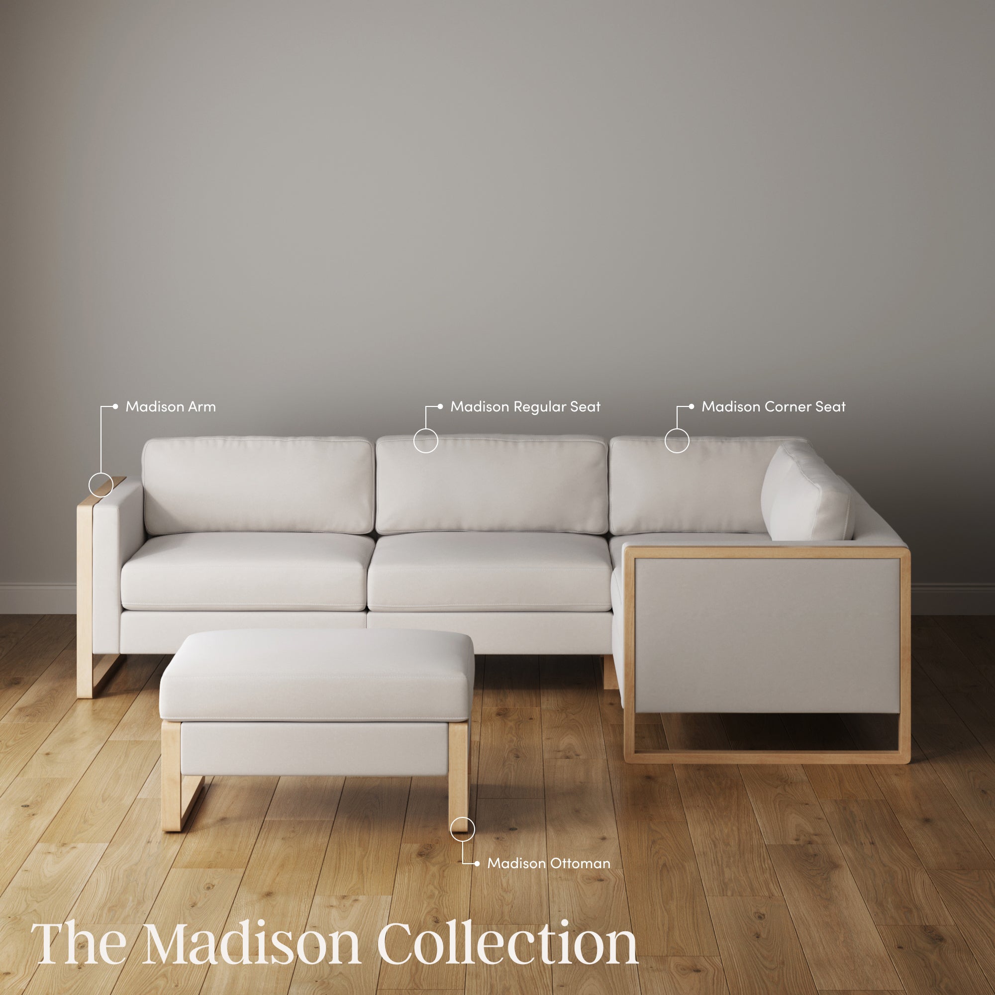 A modern light beige sectional sofa with light wood arms and legs, featuring labeled parts: Madison Arm, Madison Regular Seat, Madison Corner Seat, and a matching Madison Ottoman in front. Text reads The Madison Collection.
