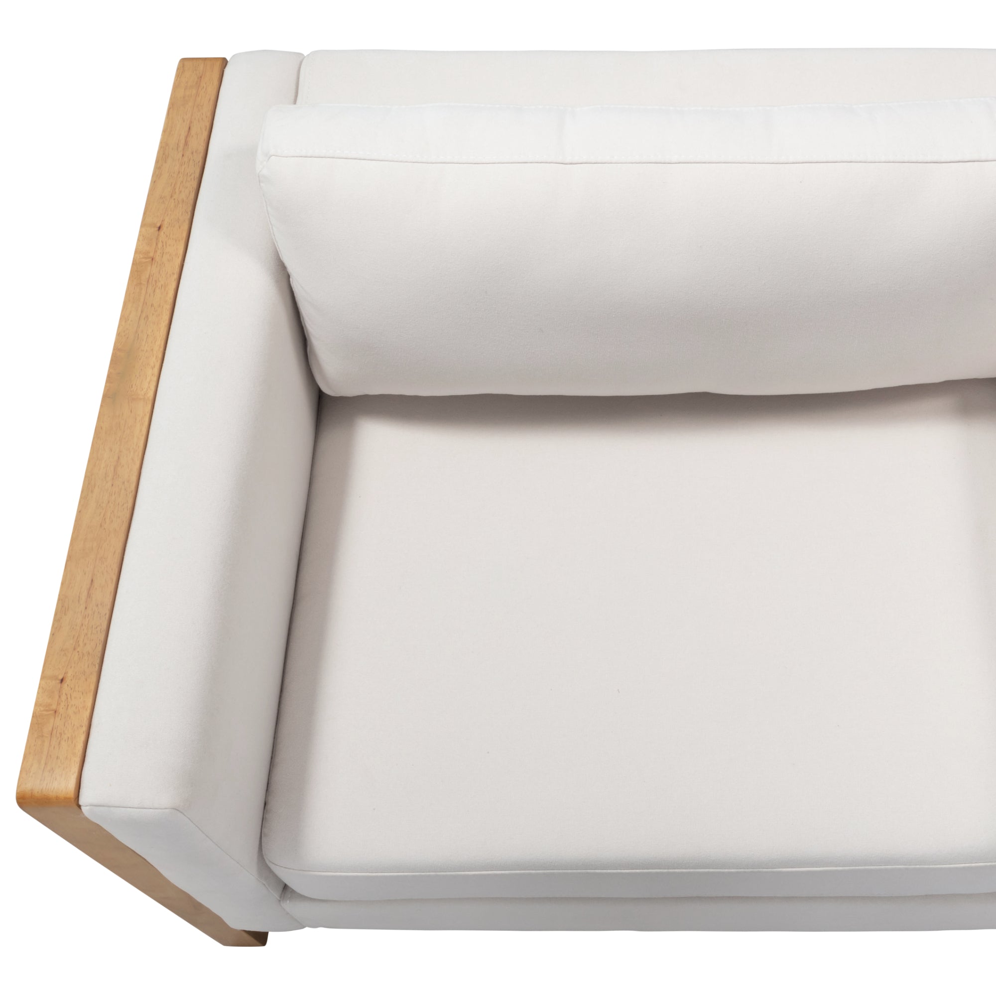 Top view of a modern white cushioned sofa with a light wooden armrest and frame on the left side. The upholstery is clean and smooth, giving a minimalist and contemporary appearance.