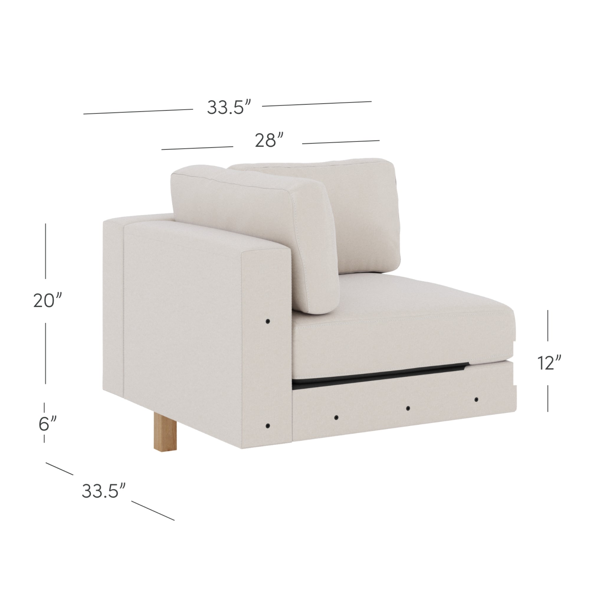 A beige upholstered chair section with a back and side cushion. Dimensions are labeled: 33.5 deep, 28 wide, 20 high back, 6 high base, and 12 seat height. One wood leg is visible.