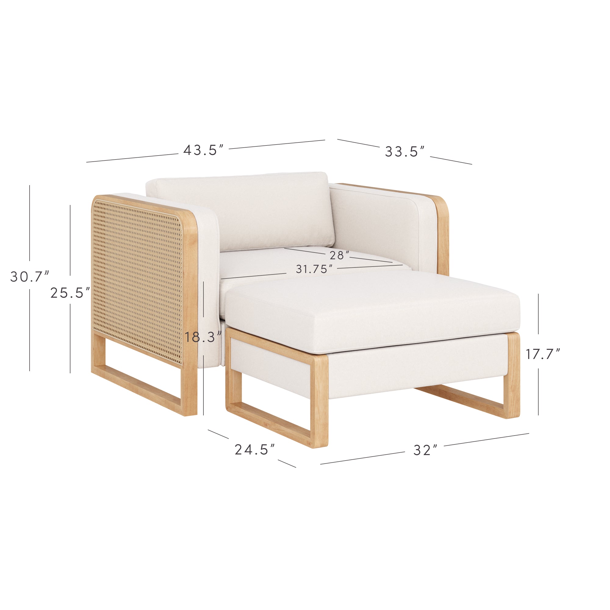 A modern cream chair with a matching ottoman, light wood frame, and rattan side panel. Dimensions are labeled on all parts, including height, width, and depth for both pieces.