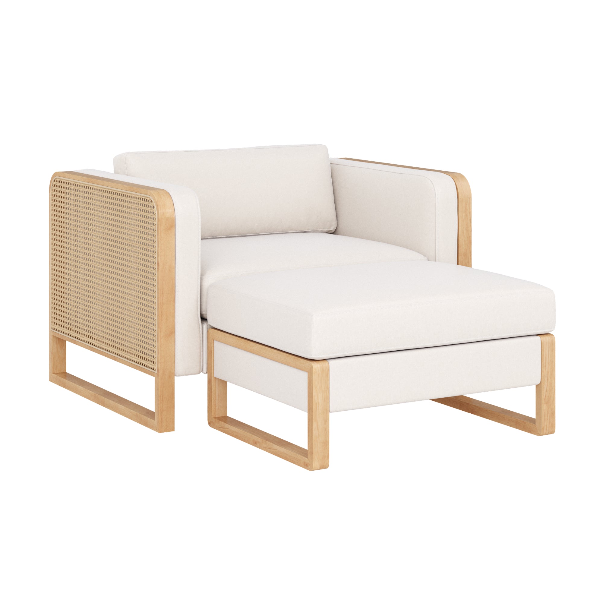 A modern armchair with a matching ottoman, both featuring light wood frames, beige upholstered cushions, and woven cane paneling on the armchair’s side. The design is minimalist and contemporary.