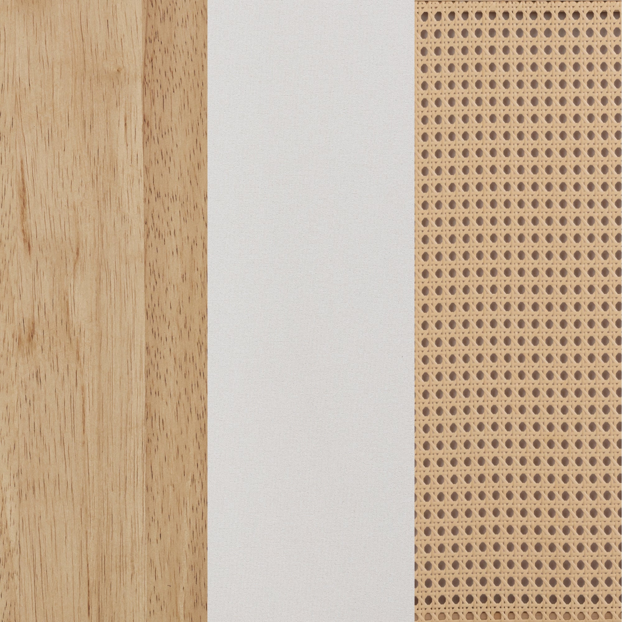 A close-up of three vertical surfaces: light wood on the left, a white strip in the center, and a woven cane pattern in a wooden frame on the right.
