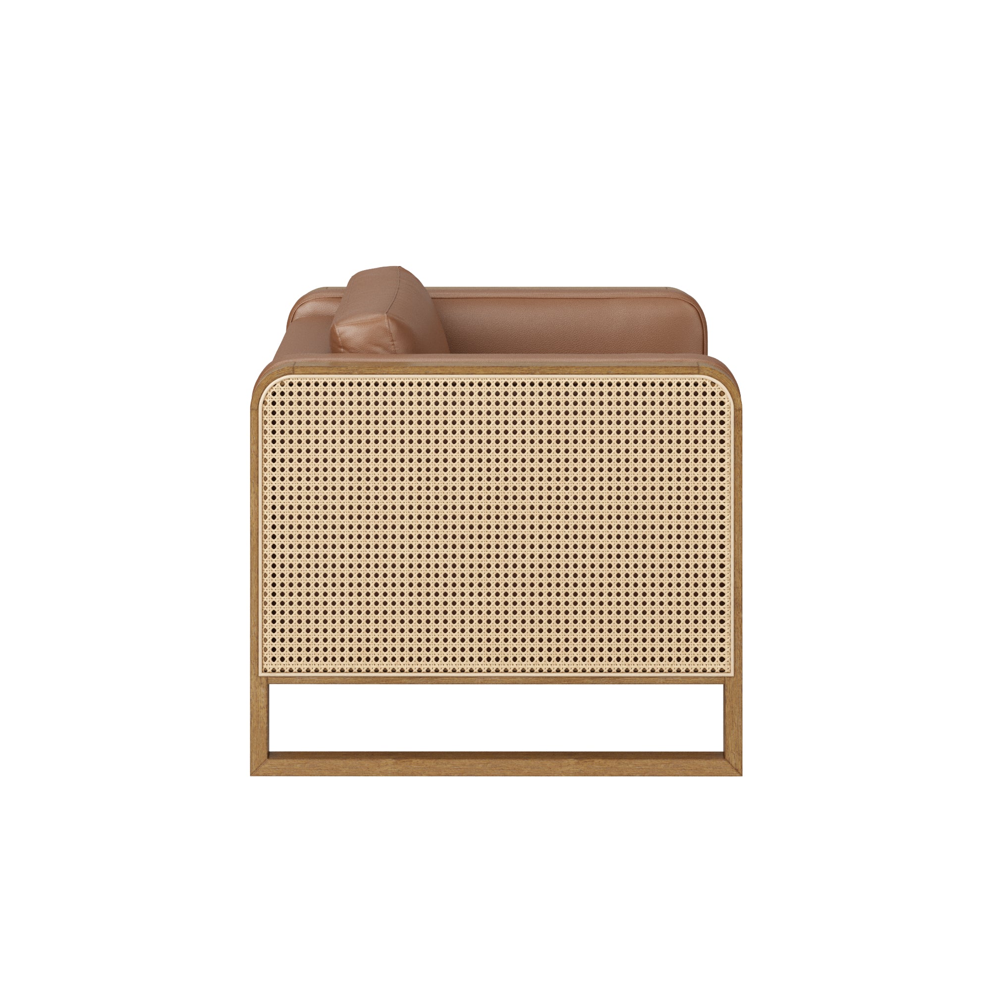 Side view of a modern armchair with a brown leather cushion and a rectangular wooden frame, featuring a woven cane panel on the side. The background is white.