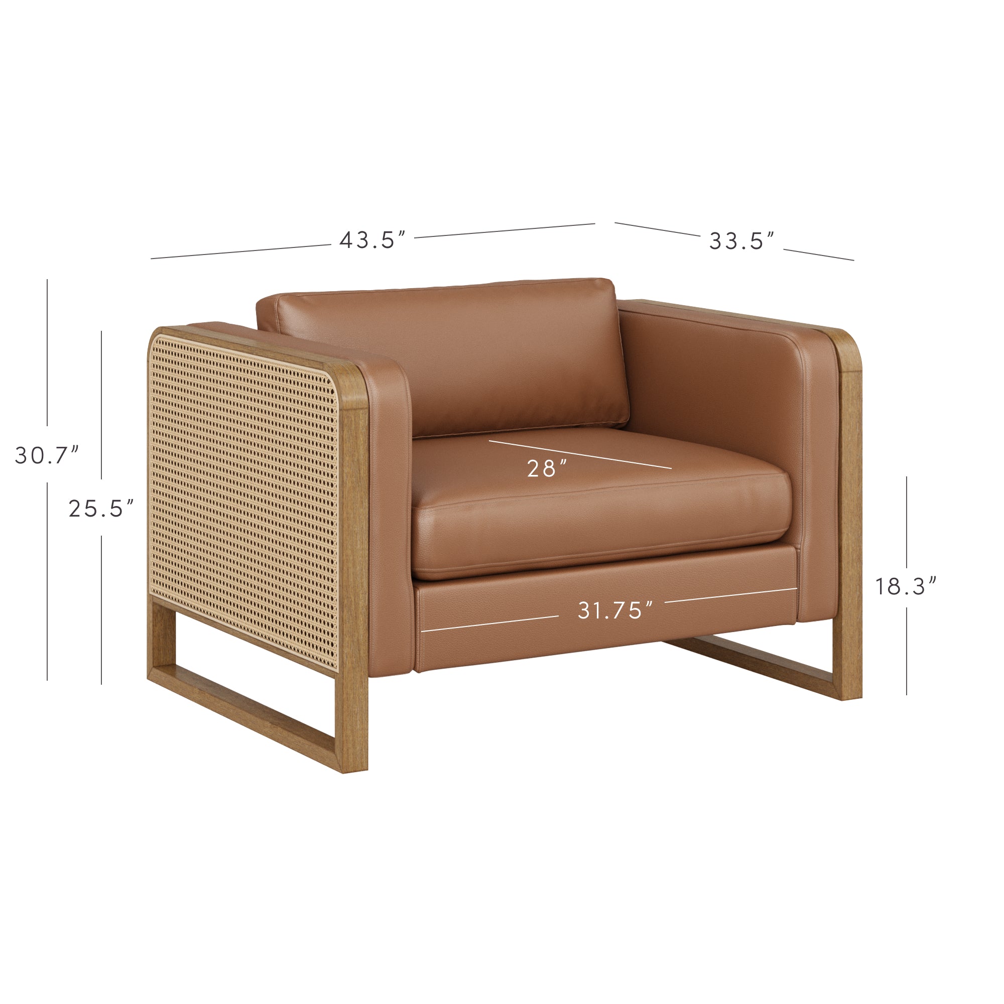 A brown leather armchair with wooden frame and cane sides, shown with labeled dimensions: 43.5 wide, 33.5 deep, 30.7 high, seat width 28, seat depth 31.75, arm height 25.5, and seat height 18.3.