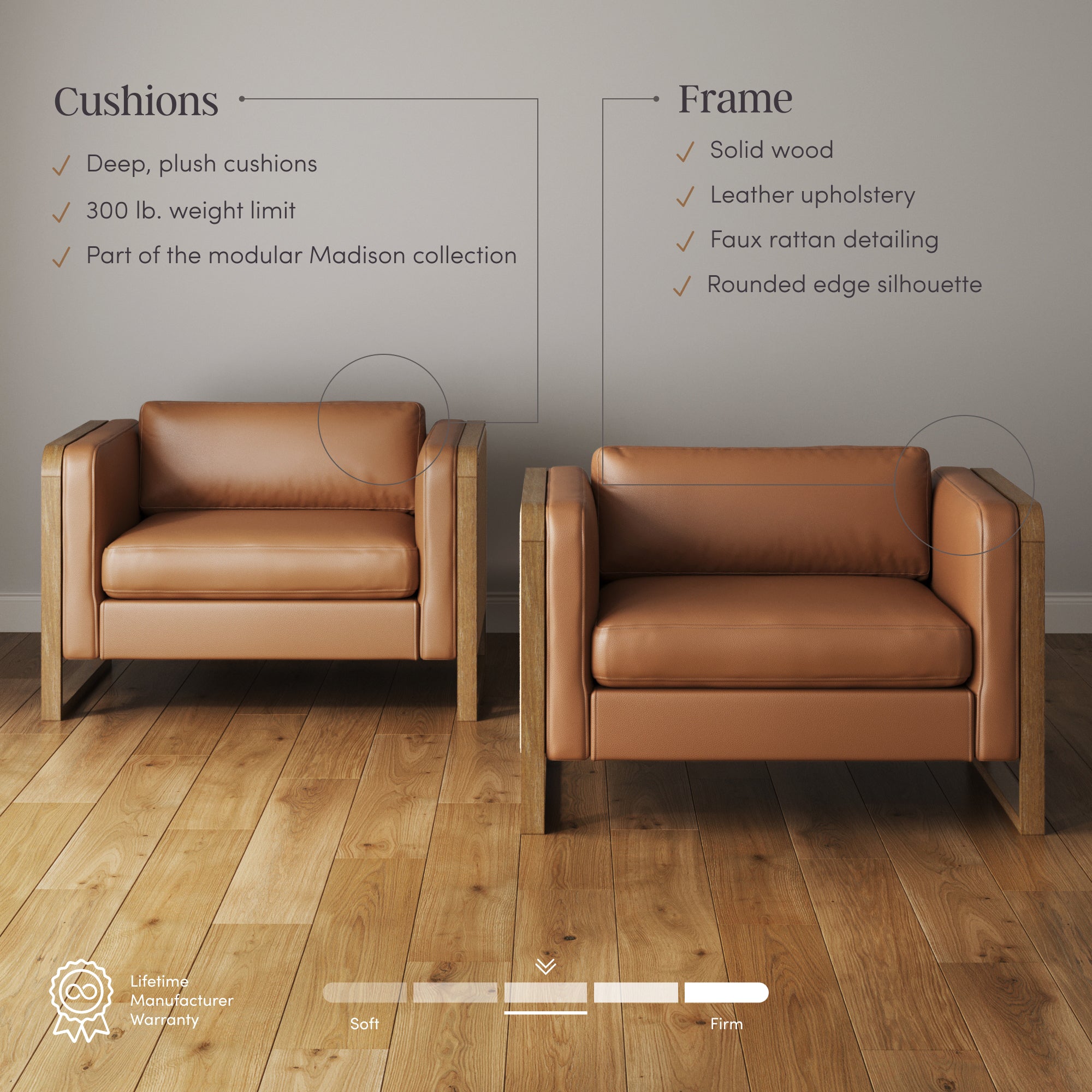 Two tan leather armchairs with wooden frames sit on a wooden floor against a plain wall. Text highlights features: deep cushions, 300 lb. weight limit, solid wood, leather upholstery, and rounded edges.