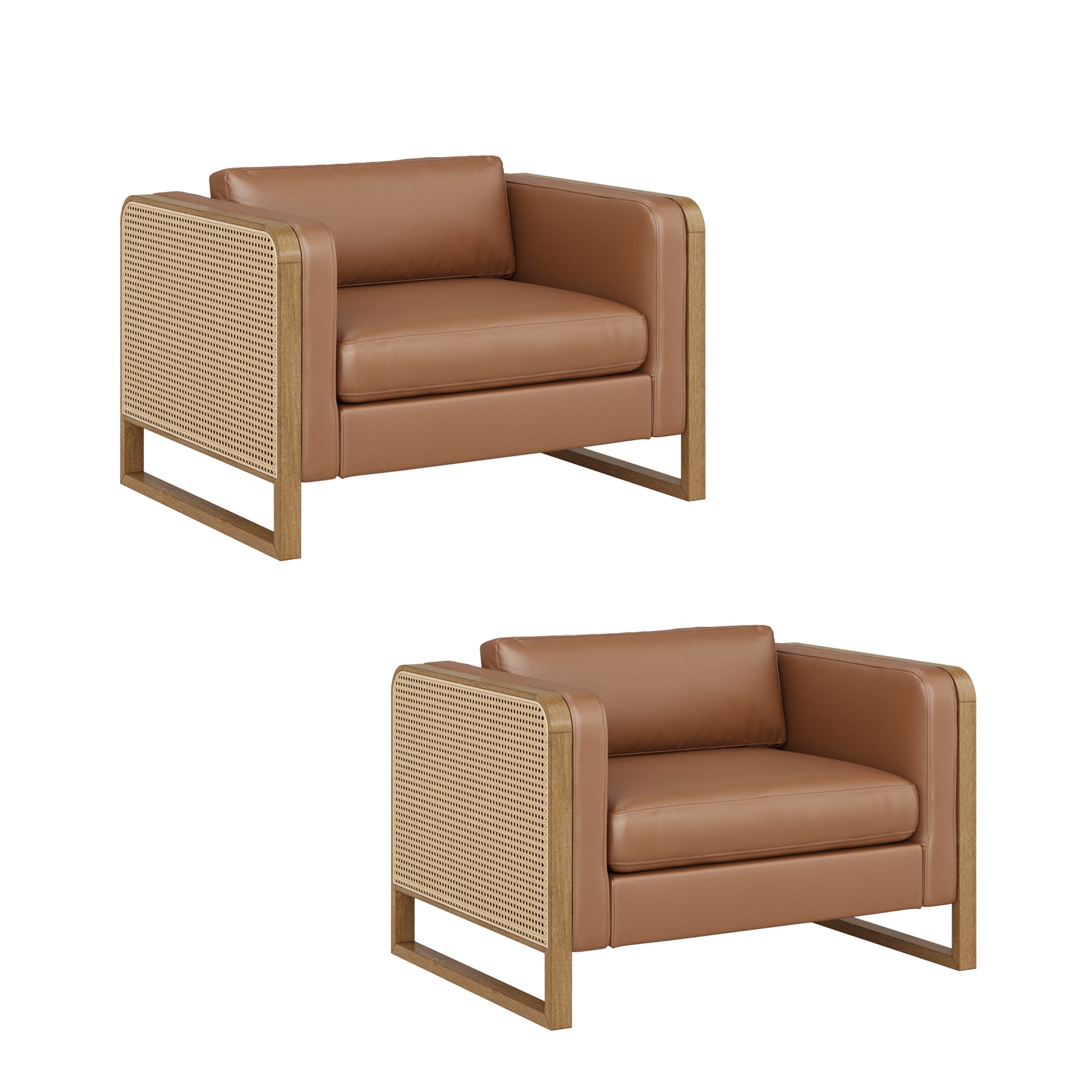 Two modern armchairs with brown leather cushions, wooden frames, and woven rattan side panels, shown on a white background from slightly different angles.