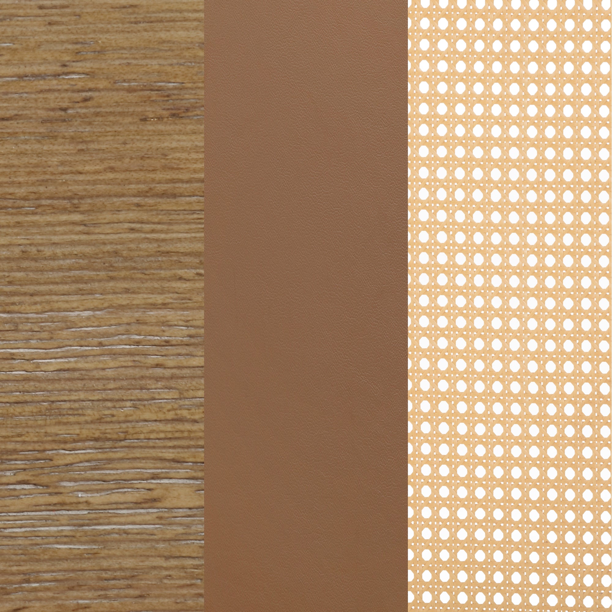 Three vertical panels: the left shows a wood grain texture, the middle displays smooth brown leather, and the right features a light tan pattern of circles and dots on a white background.