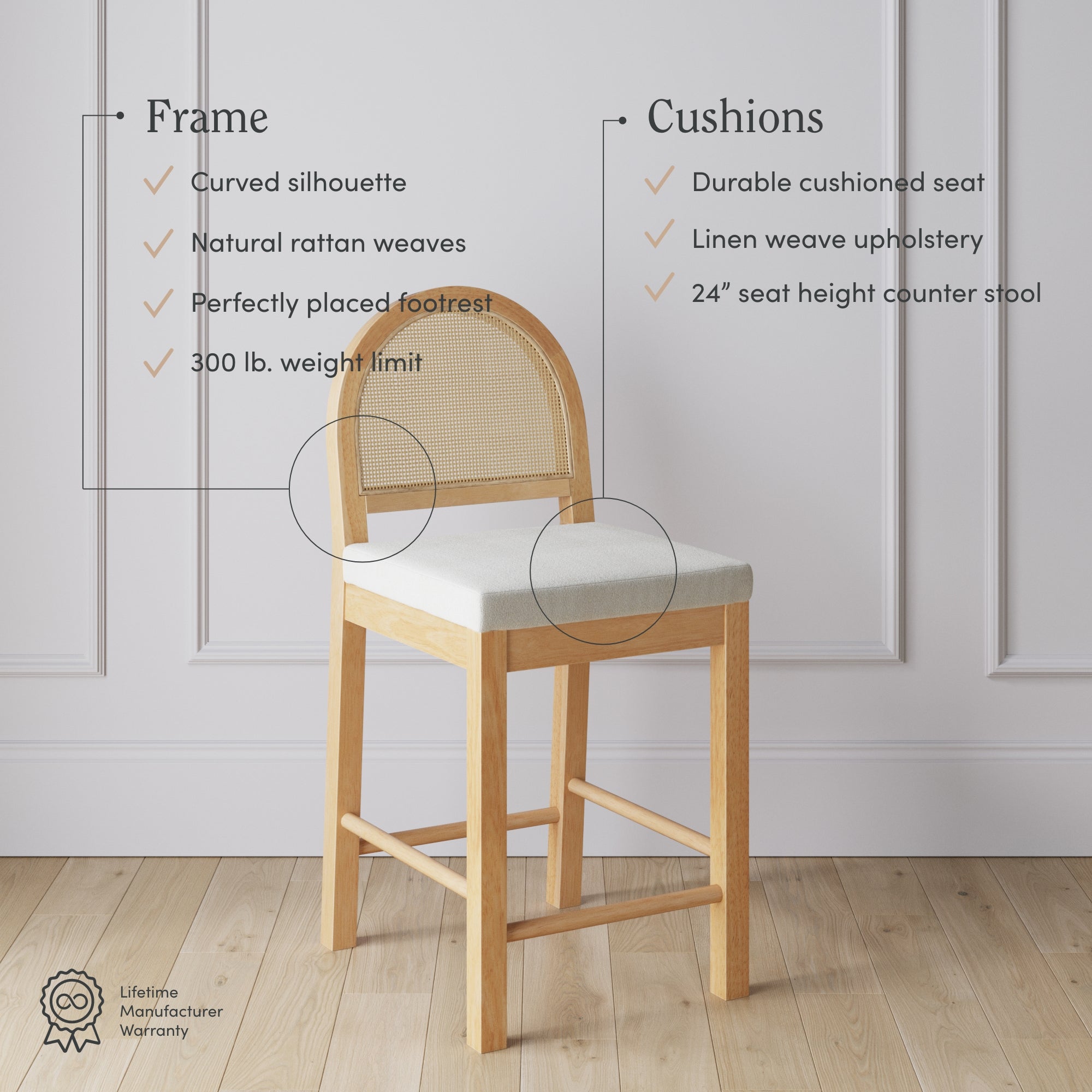 A wooden chair with a rattan backrest and light-colored cushioned seat is placed in a bright room. Text highlights its curved silhouette, natural rattan, cushioned seat, and 300 lb. weight limit.