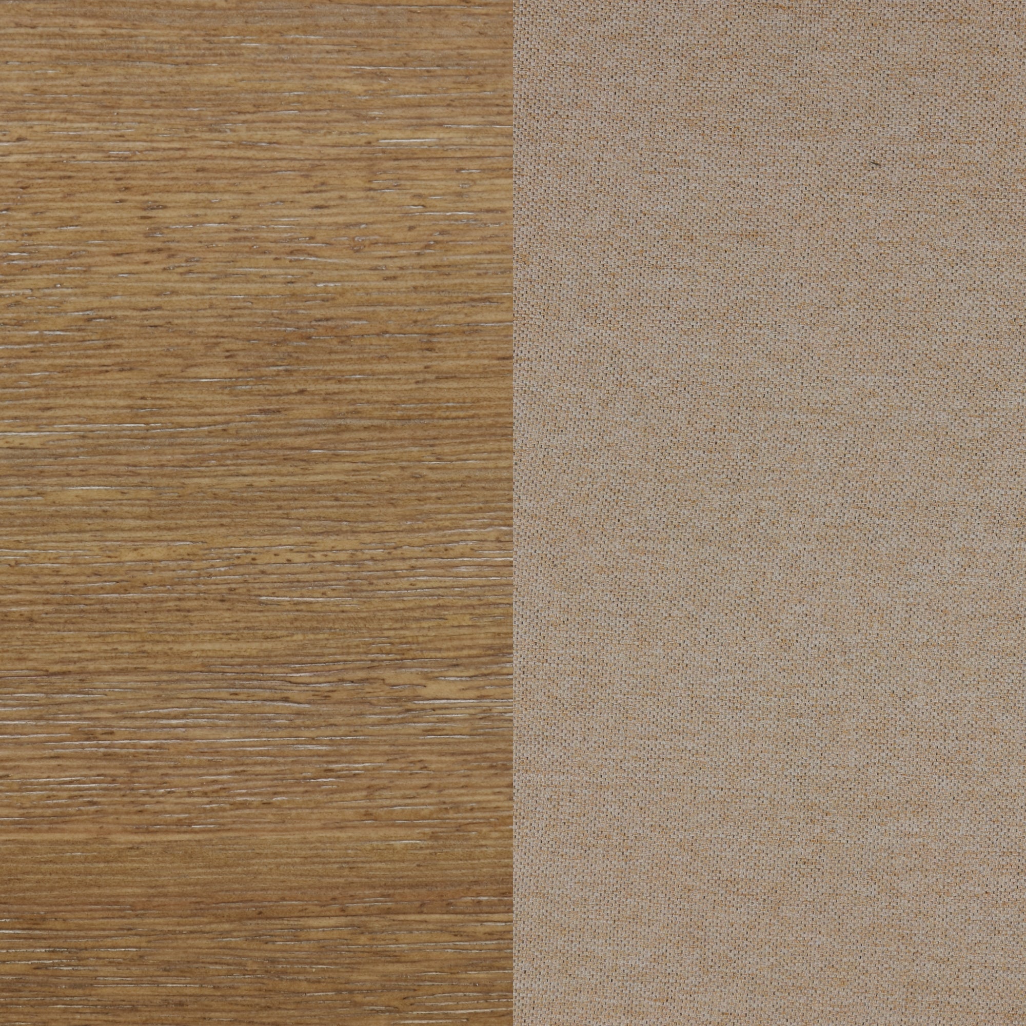 A close-up of two surfaces side by side: the left side is textured brown wood with visible grain lines, and the right side is a smooth light brown fabric with a fine, subtle weave pattern.
