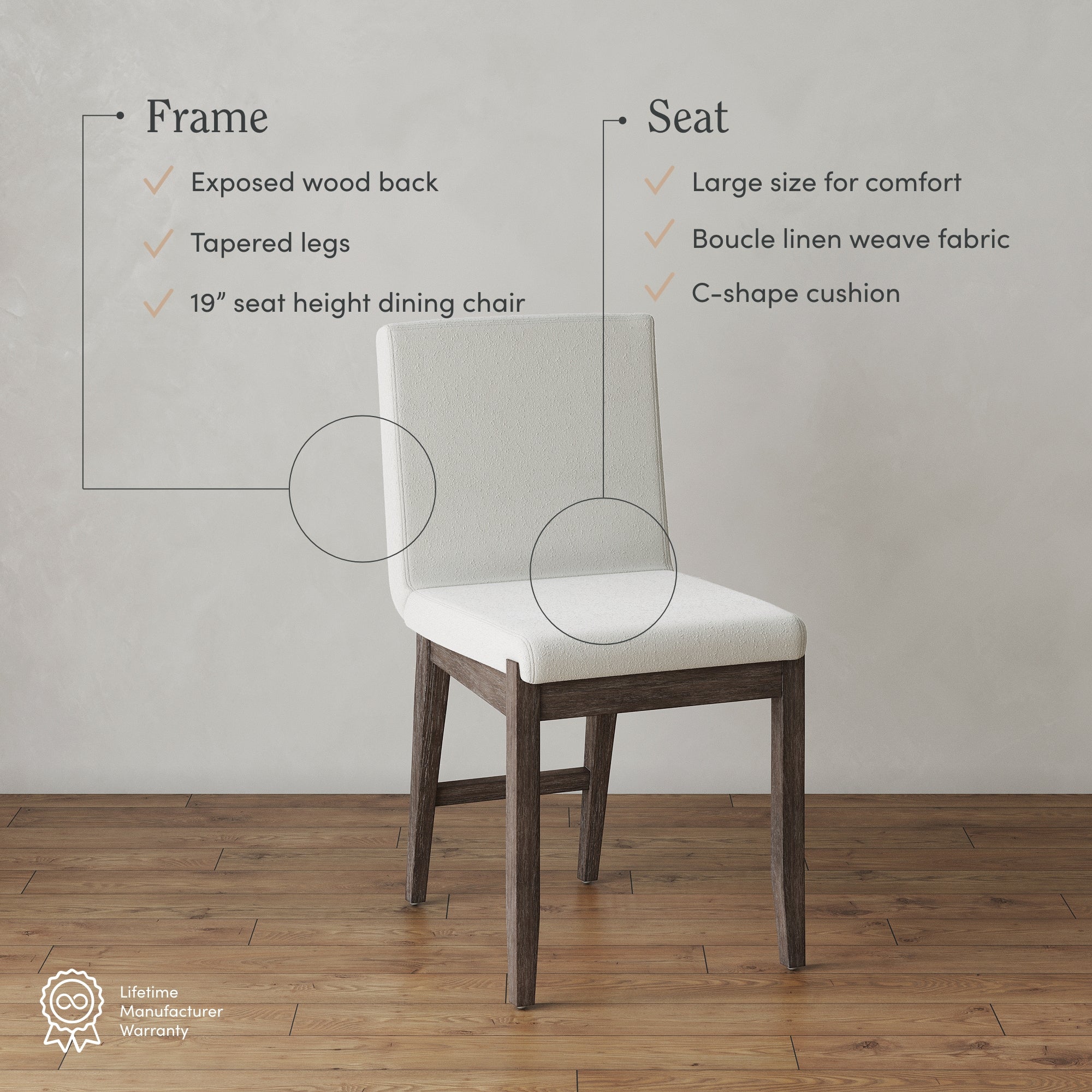 A modern dining chair with a white boucle linen seat, exposed wood back, and tapered wooden legs. Text highlights features: frame details, seat height, comfort size, fabric, and C-shape cushion.