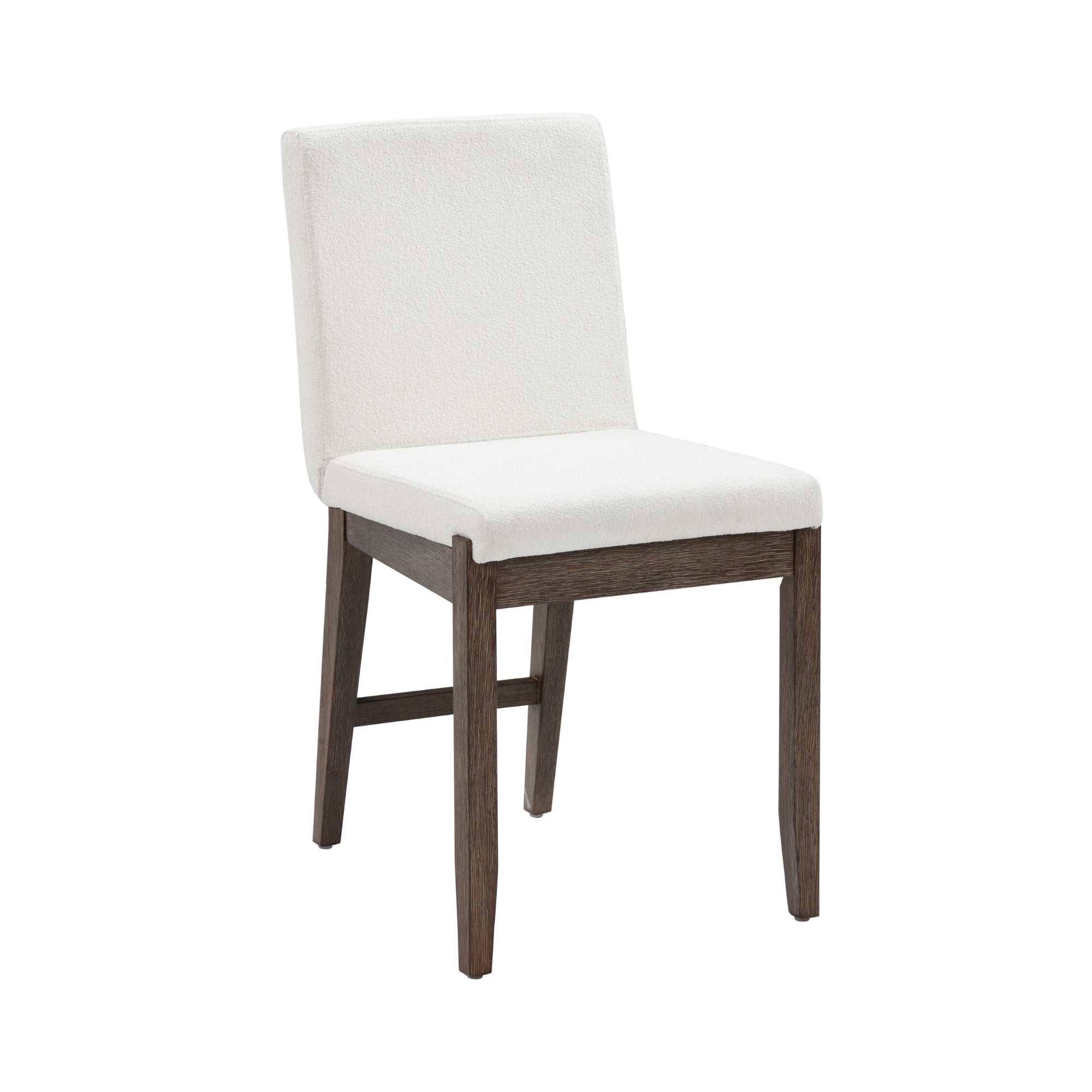 A modern dining chair with a white upholstered seat and backrest, featuring dark wooden legs and frame. The chair is shown on a white background.