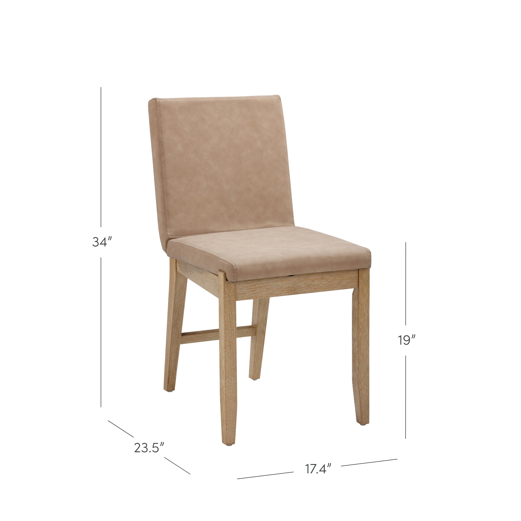 Tan upholstered dining chair with light wood legs. The chair is 34 inches tall, 23.5 inches deep, 17.4 inches wide, and has a seat height of 19 inches. White background with dimension lines shown.