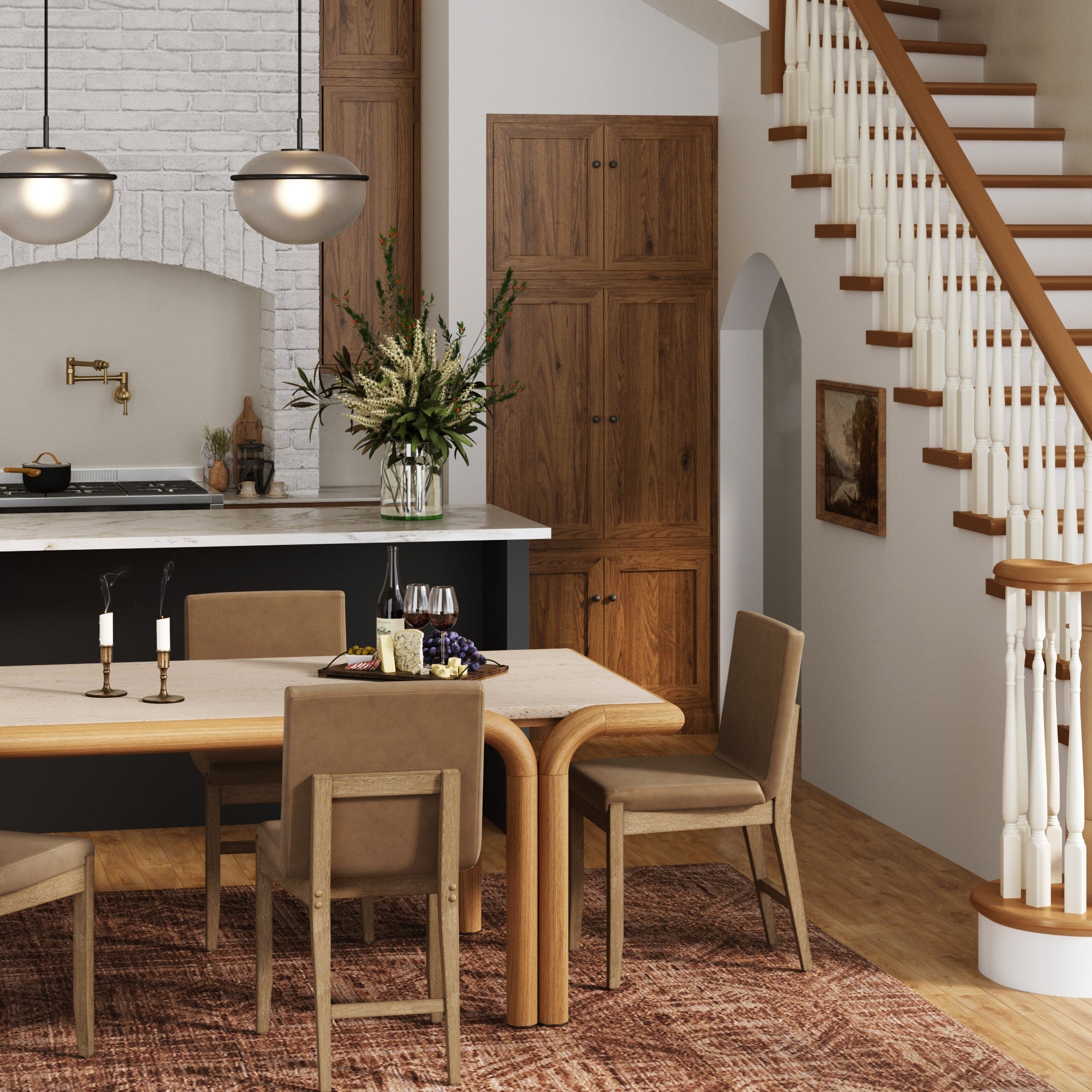 A modern dining area features a wooden table set for four Nathan James Exposed Back Dining Chairs in Brushed Light Brown, a red rug, and a kitchen island behind. White-spindled stairs are on the right and tall cabinets with flowers decorate the space.