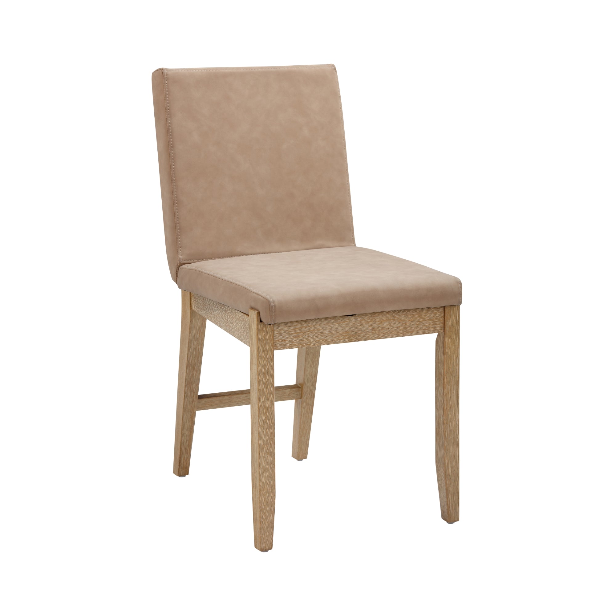A modern dining chair with light brown faux leather upholstery and a light wood frame, featuring a straight backrest and seat, photographed on a white background.