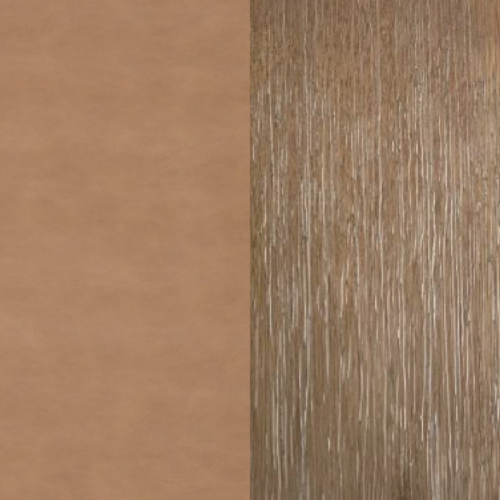 Split image: the left side shows a smooth, light brown texture resembling suede or soft leather; the right side has a vertical, streaky wood grain pattern in a medium brown tone.