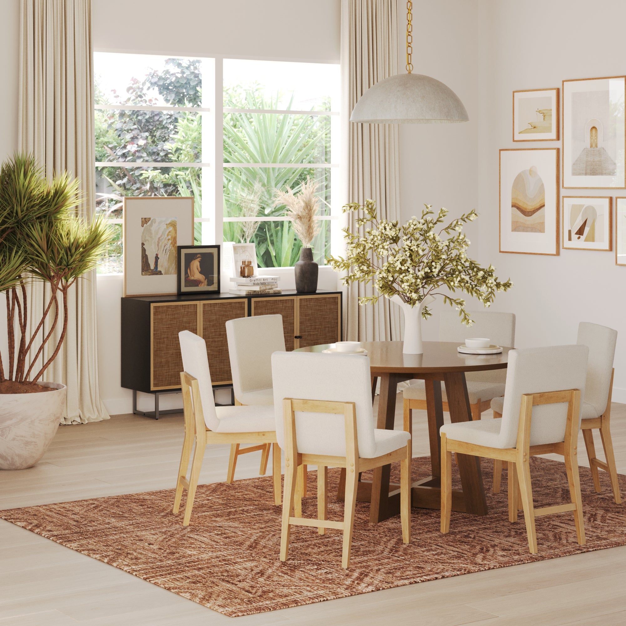 A bright dining room featuring a round wooden table, Nathan James Modern Exposed Back Dining Chairs (set of 6), a brown rug, large window, sideboard, framed wall art, indoor plants, and a pendant light above the table.