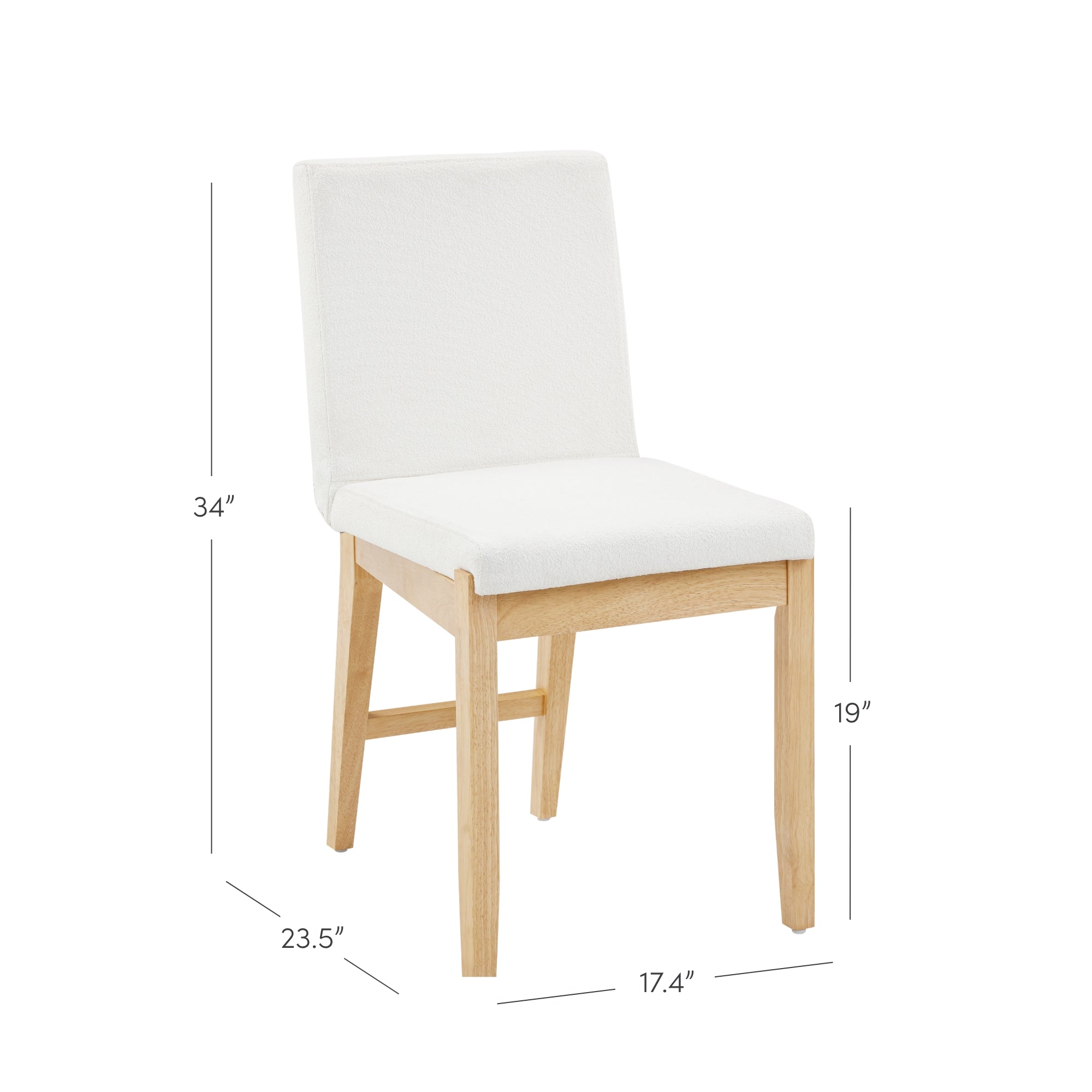 A wooden chair with light-colored legs and a white padded seat and backrest. Dimensions are shown: 34 height, 23.5 depth, 17.4 width, and 19 seat height.