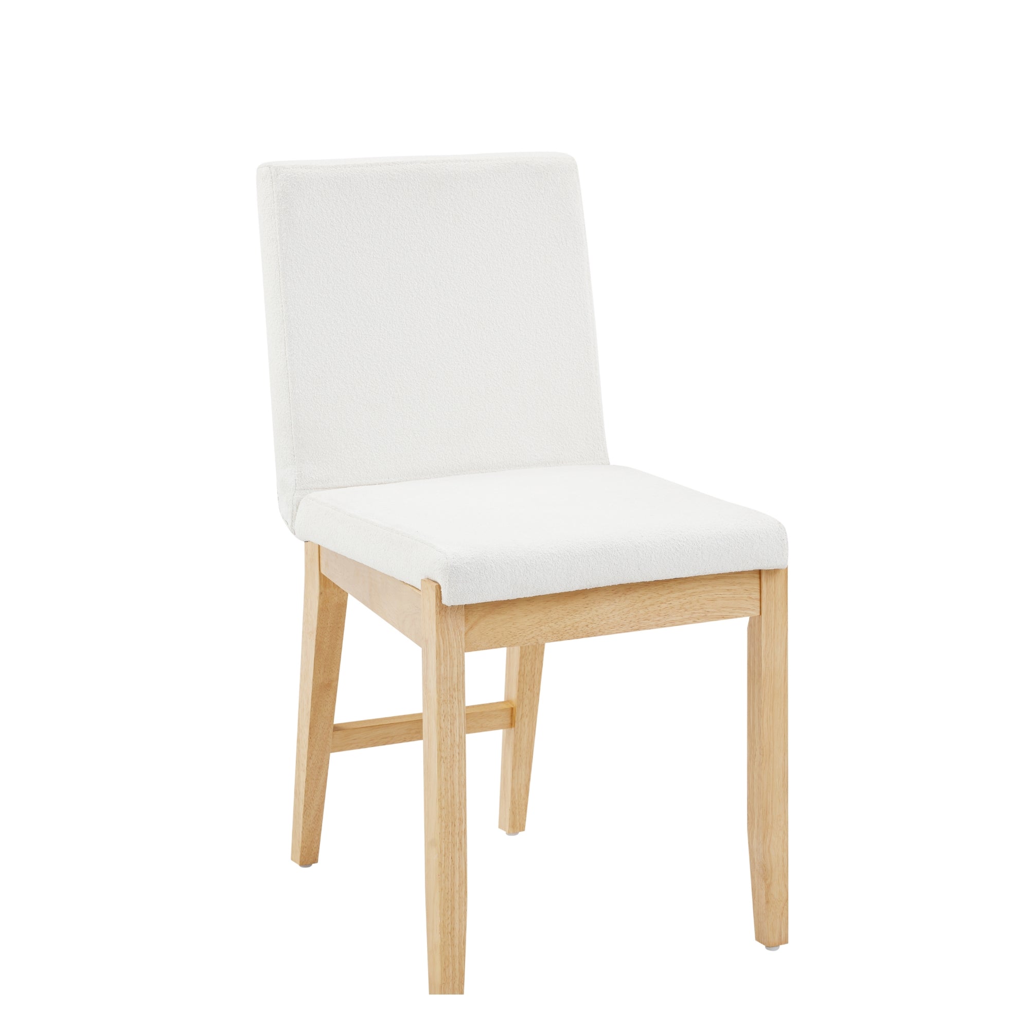 A wooden chair with straight legs and a white cushioned seat and backrest, shown against a plain white background.