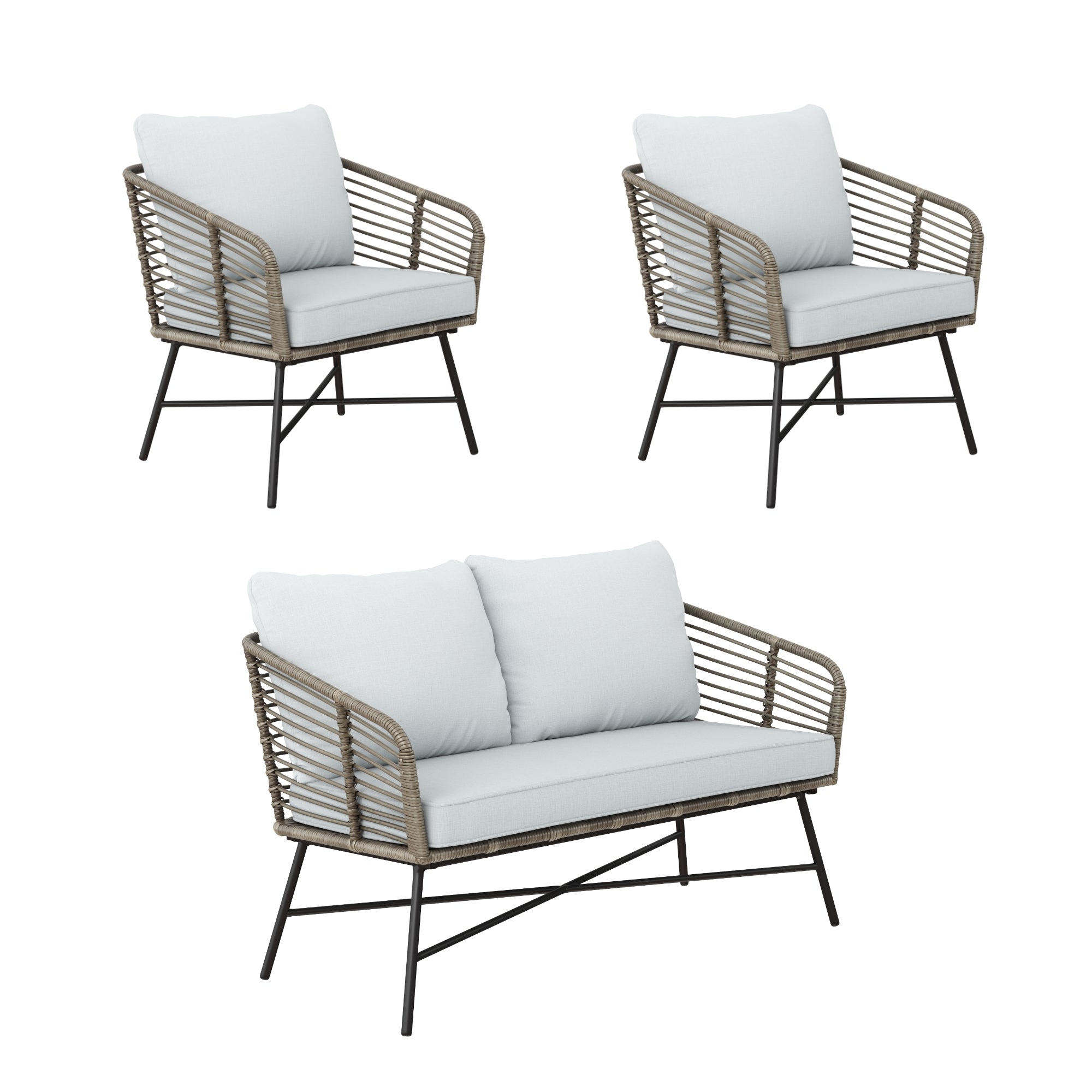 Outdoor Set Wicker Loveseat & 2 Chairs Light Gray