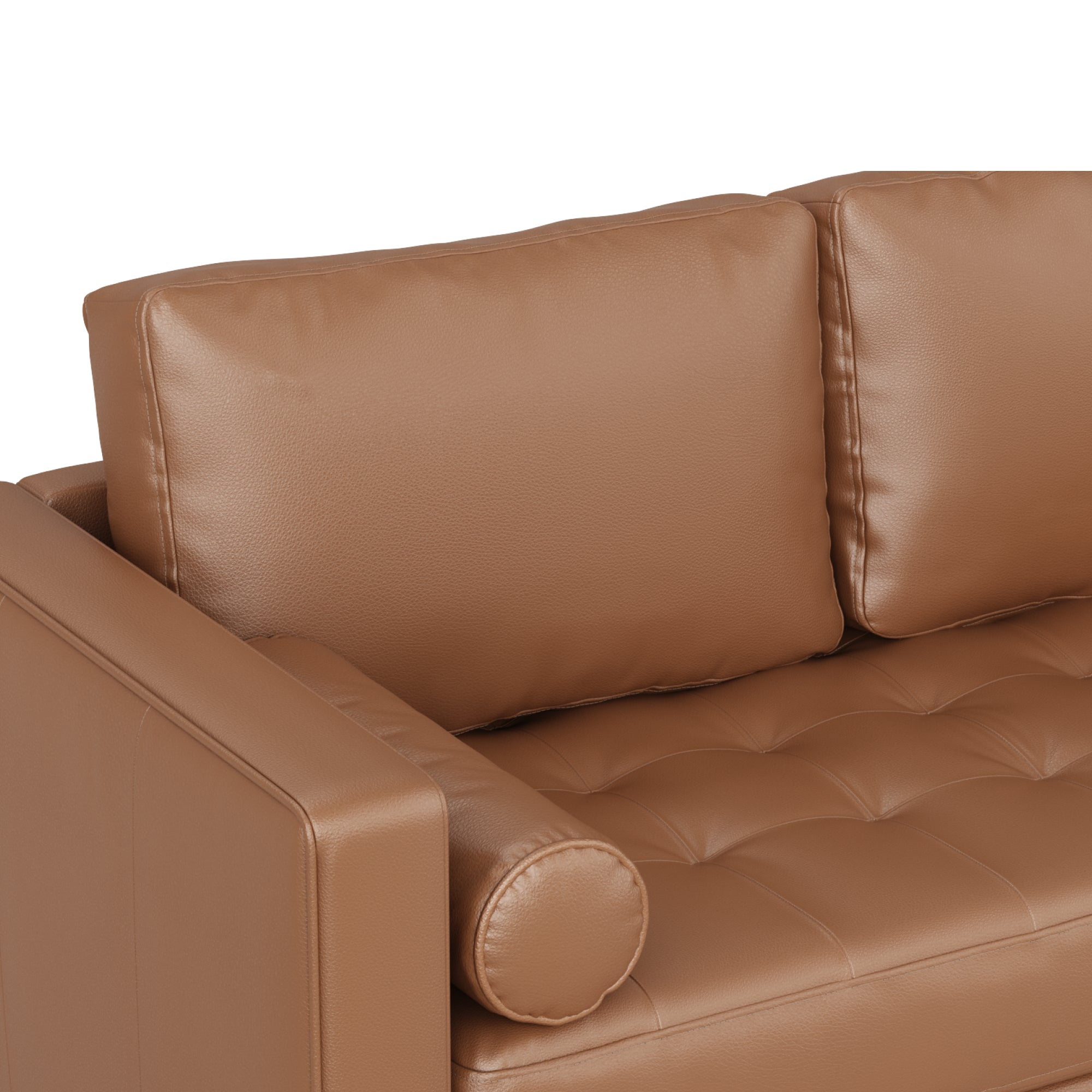 Close-up of a modern brown leather sofa with tufted seat cushion, square backrest cushions, and a cylindrical bolster pillow on the armrest against a white background.