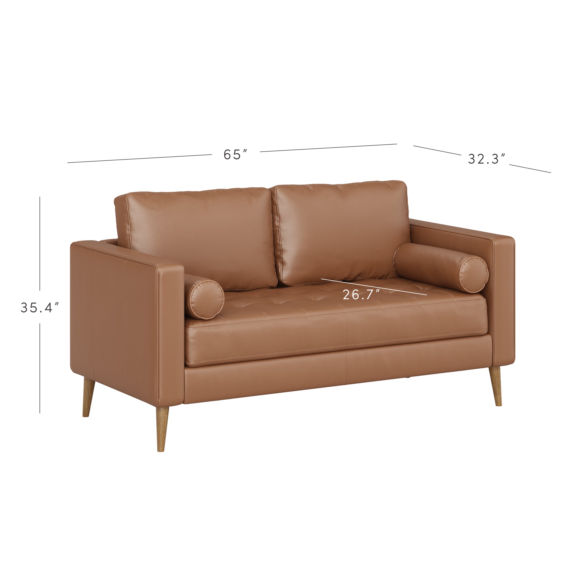 A brown leather loveseat with two seat and back cushions, two cylindrical bolster pillows, wooden legs, and dimensions: 65 wide, 35.4 high, 32.3 deep, and seat depth of 26.7.