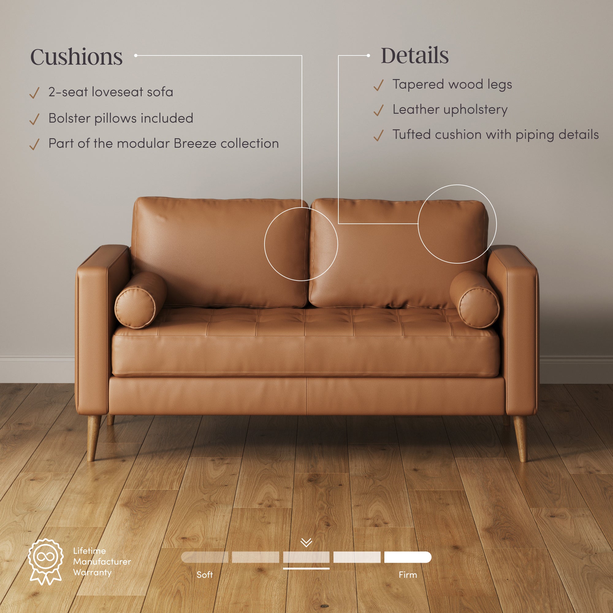 A brown leather 2-seat loveseat sofa with bolster pillows sits on a wooden floor. Text highlights its tapered wood legs, tufted cushions with piping, leather upholstery, and features a soft-to-firm comfort scale.