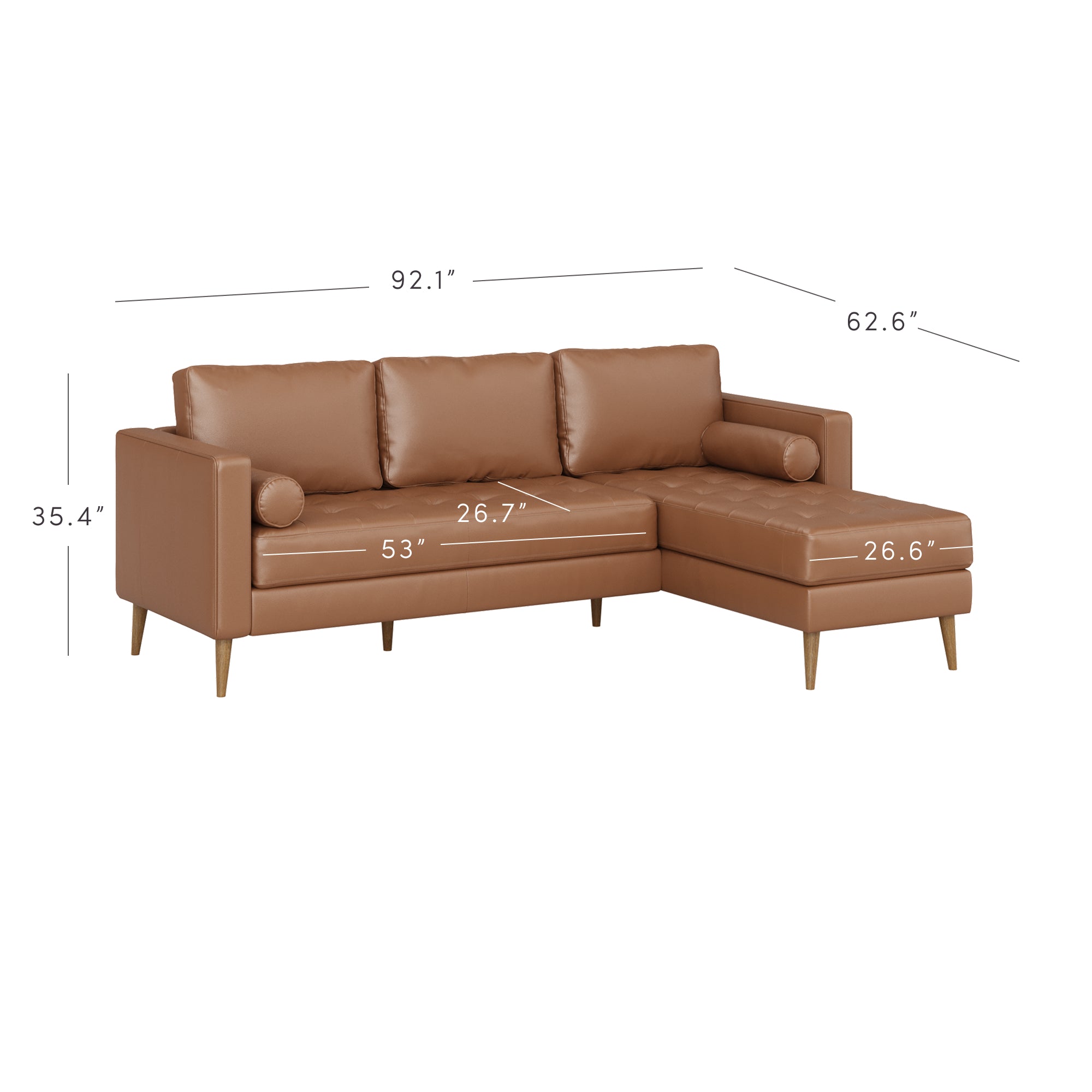 Brown sectional sofa with right-side chaise lounge, wooden legs, and two cylindrical pillows. Dimensions are labeled: 92.1 wide, 62.6 chaise depth, 35.4 high, seat 53 wide, 26.7 chaise seat depth, 26.6 seat depth.