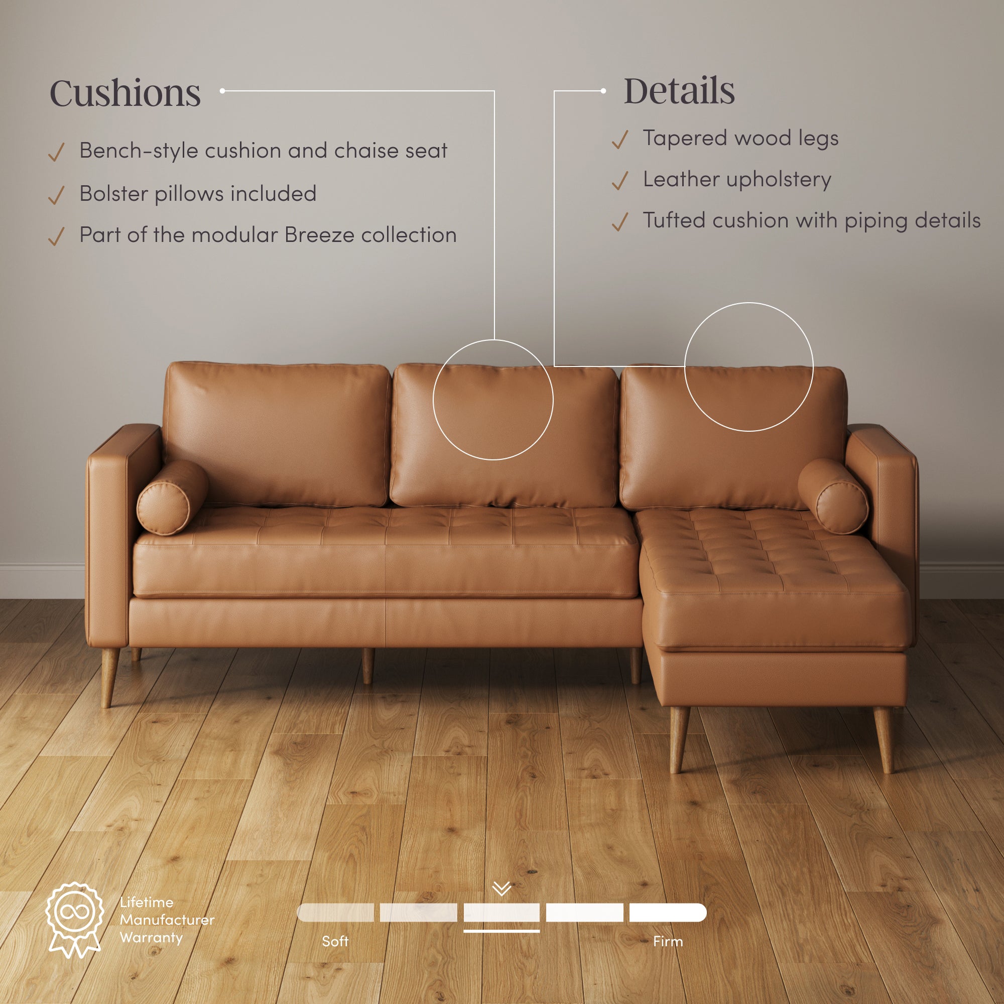 A brown leather sectional sofa with wooden legs is showcased in a modern room. Text highlights its bench-style cushion, bolster pillows, tufted details, and modular design. Firmness scale and warranty icon are visible below.