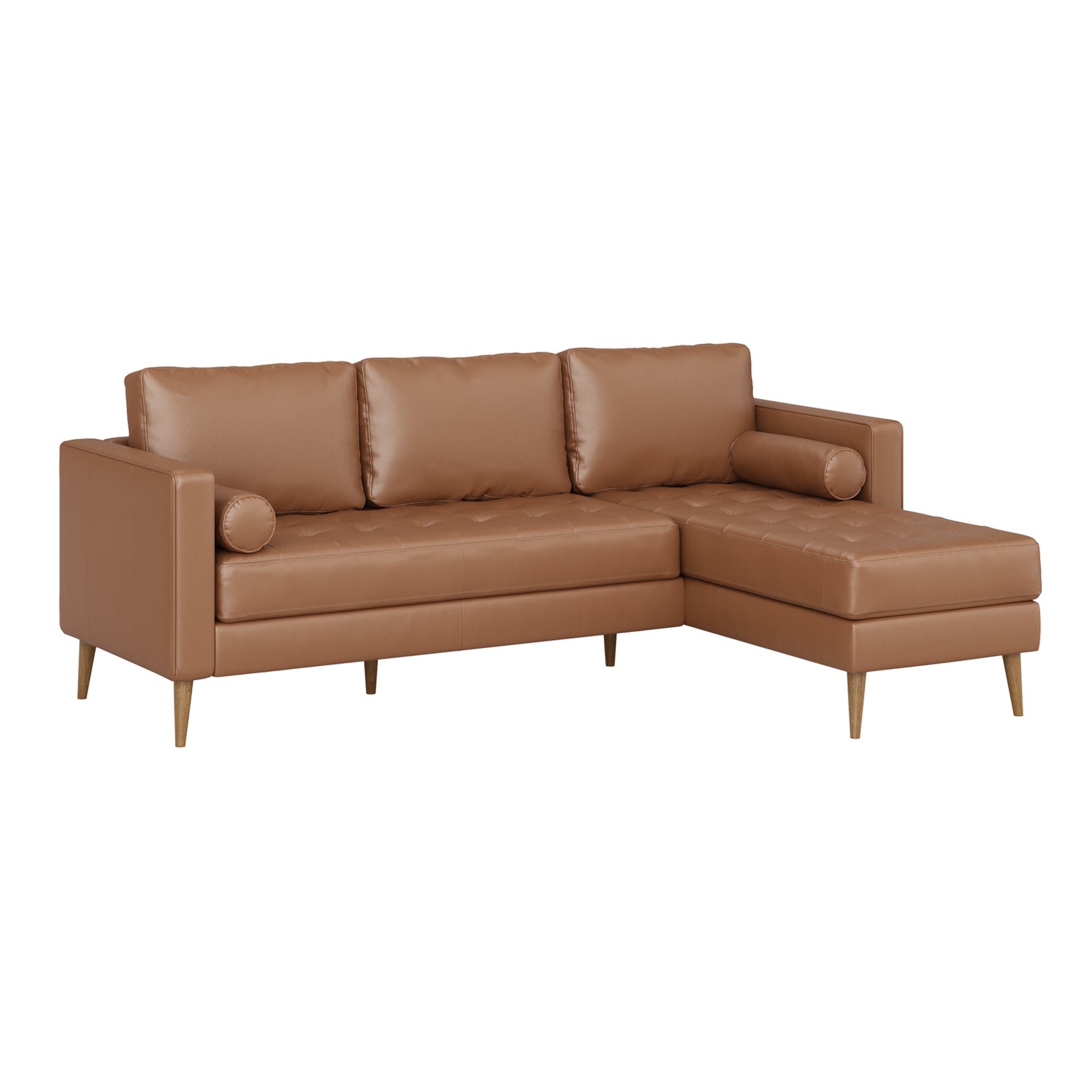 A modern brown leather sectional sofa with three seat cushions, three back cushions, a right-side chaise lounge, and two cylindrical bolster pillows, all supported by tapered wooden legs.