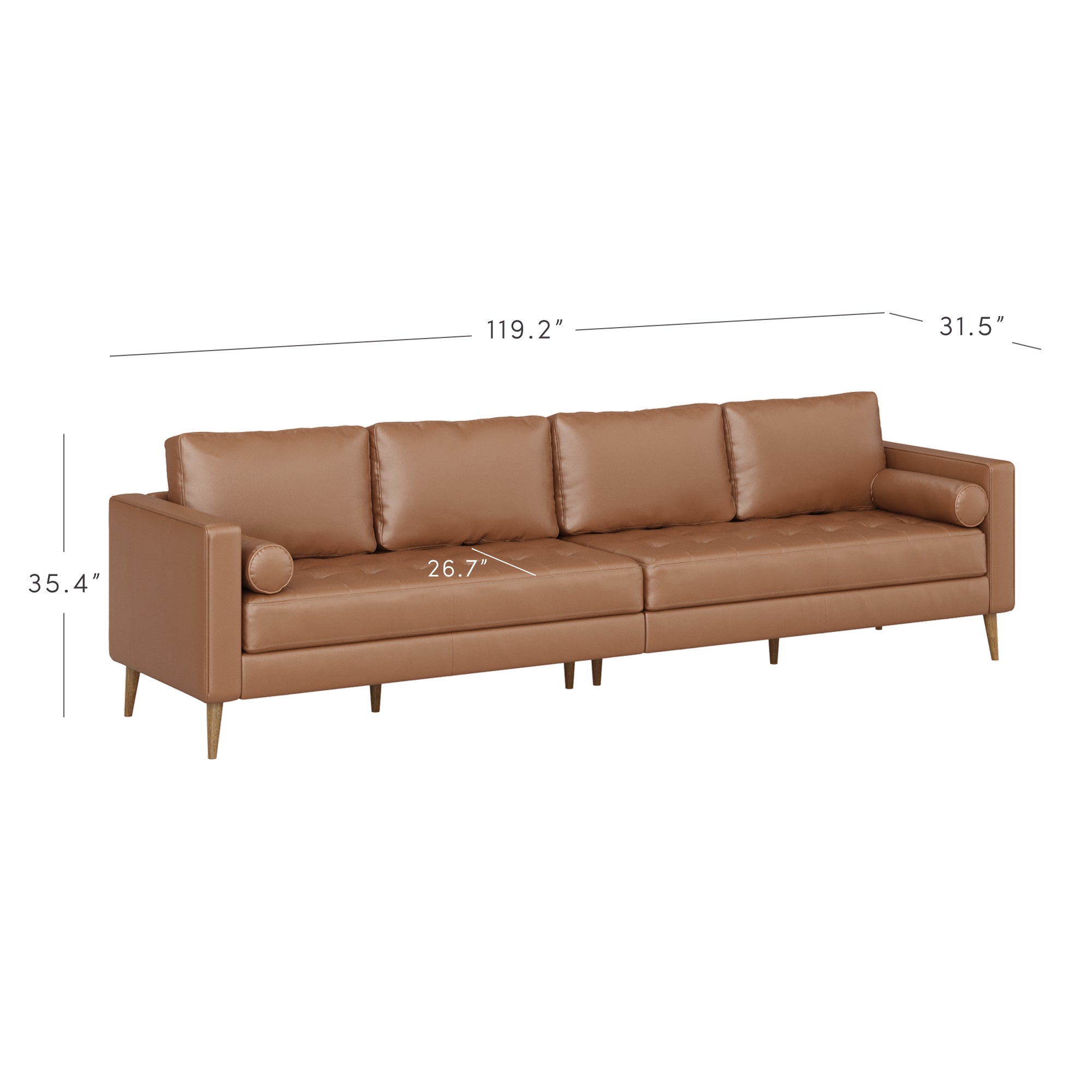 A brown leather sofa with three seat cushions, three back cushions, and two cylindrical pillows, shown with dimensions: 119.2 wide, 35.4 tall, 31.5 deep, and seat depth of 26.7.